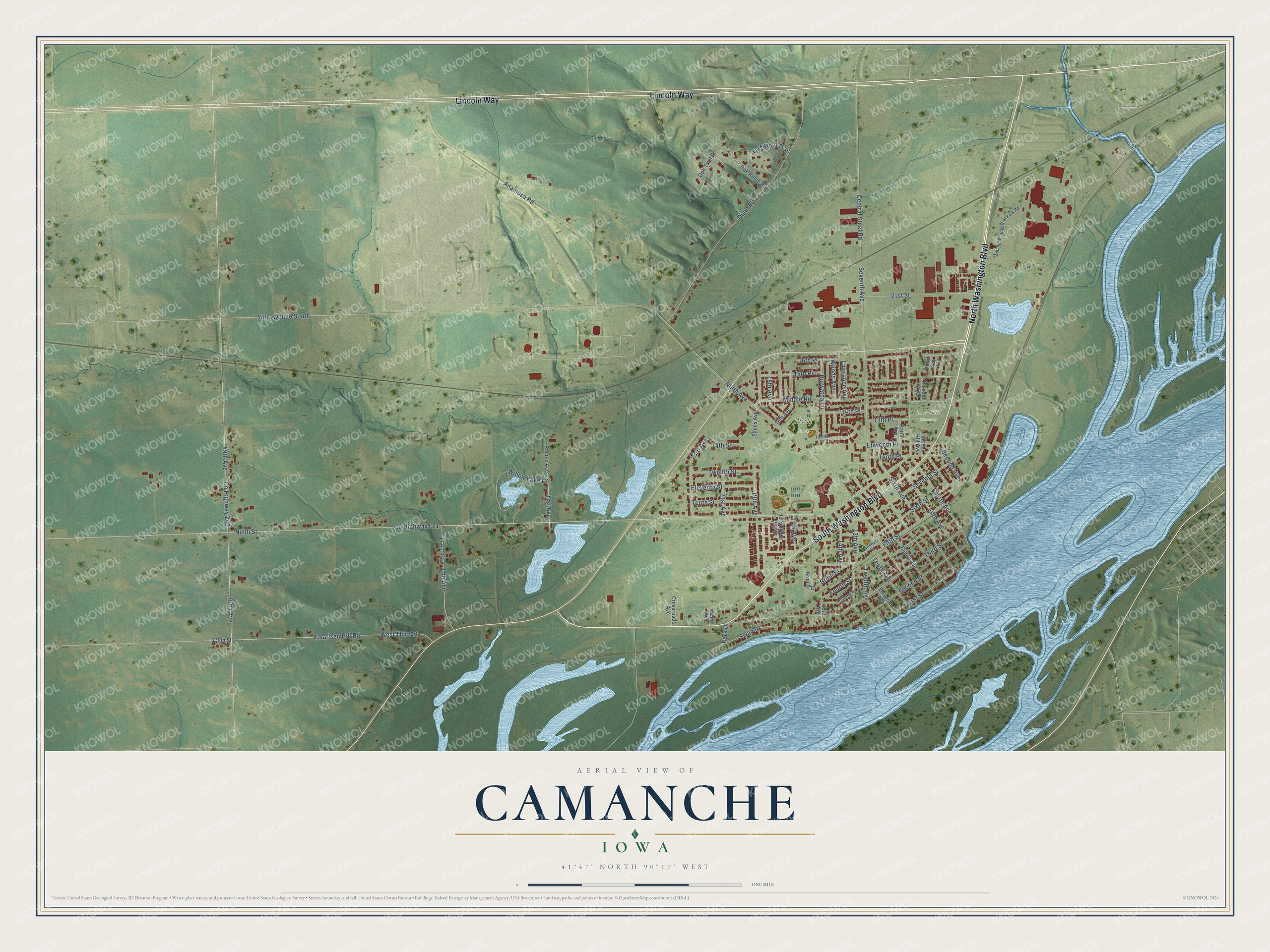 Full map of Camanche, Iowa, with red buildings, printed street names and the land around them