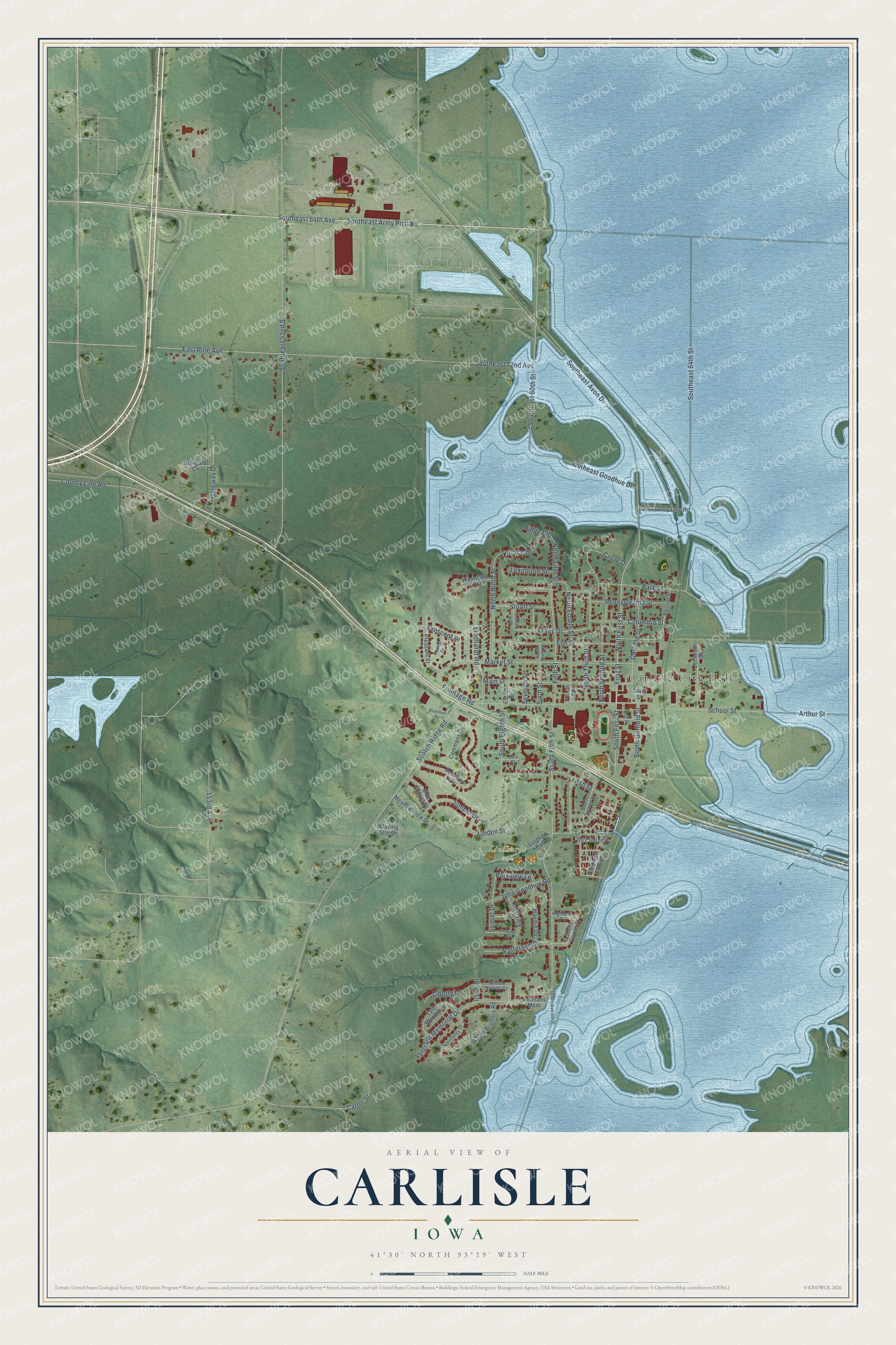 Full map of Carlisle, Iowa, with red buildings, printed street names and the land around them