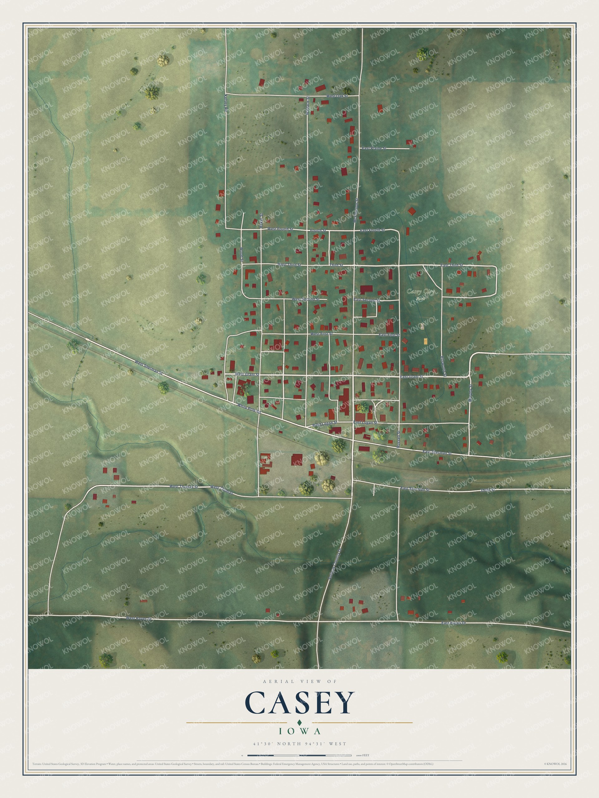 Full map of Casey, Iowa, with red buildings, printed street names and the land around them