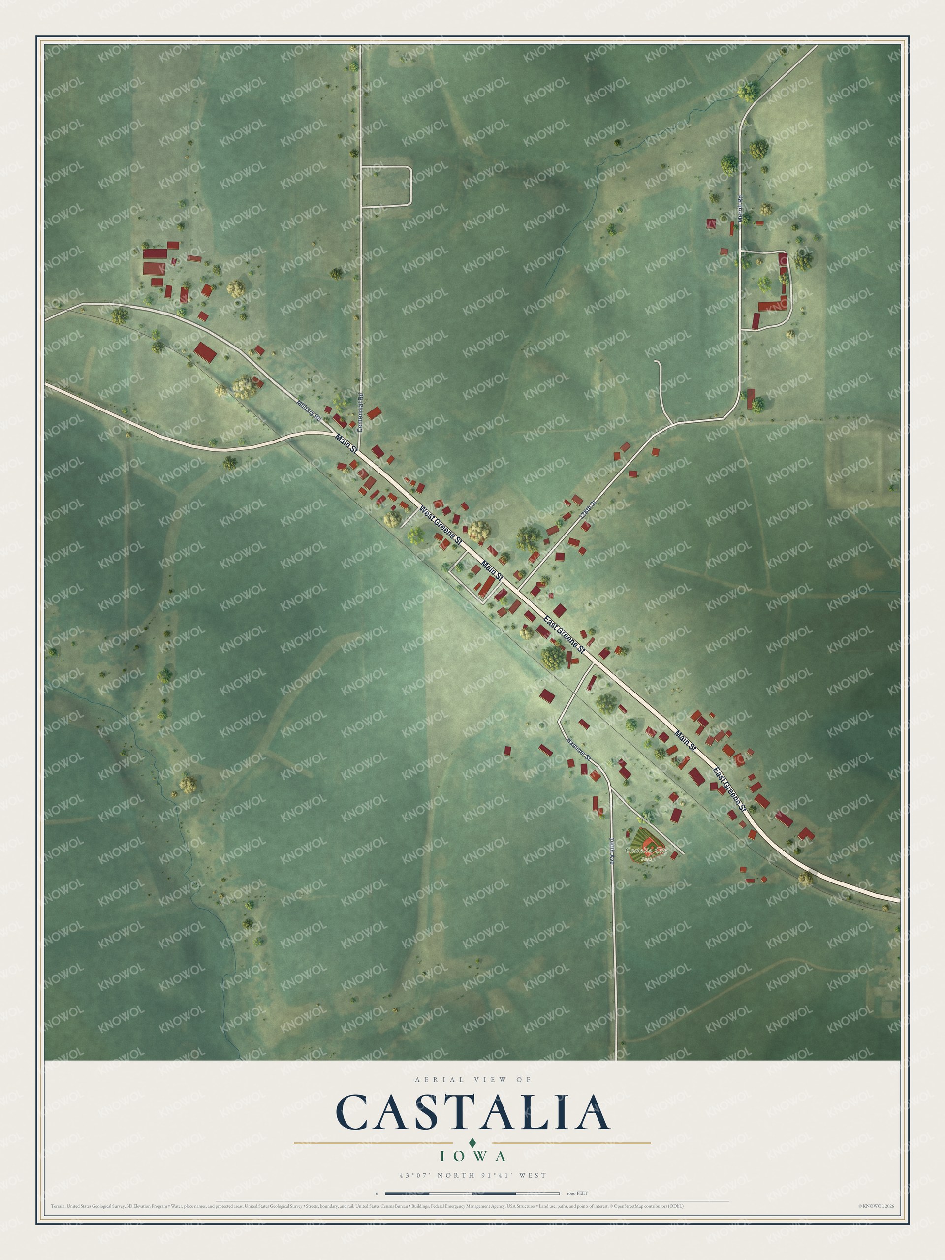 Full map of Castalia, Iowa, with red buildings, printed street names and the land around them