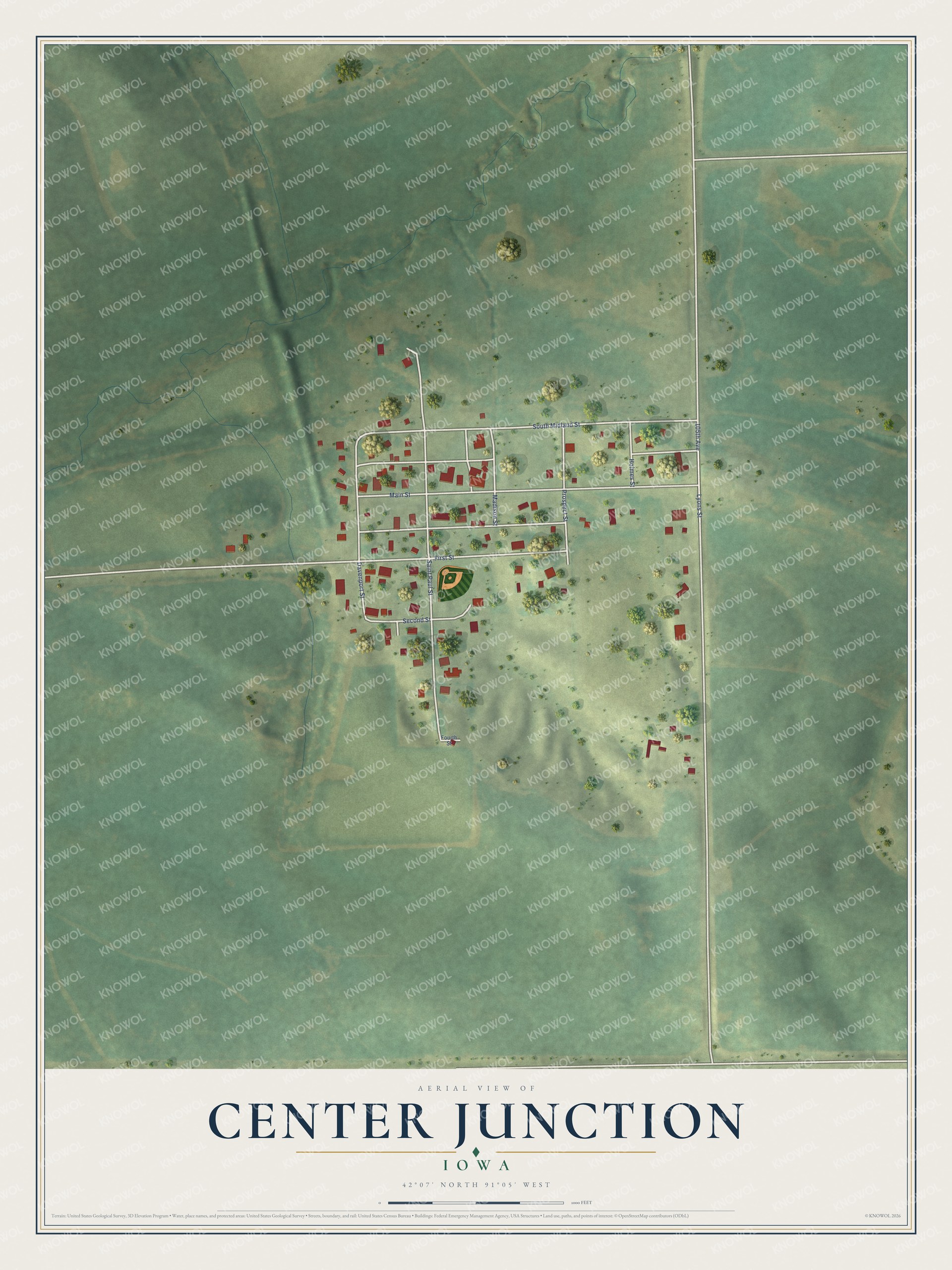 Full map of Center Junction, Iowa, with red buildings, printed street names and the land around them
