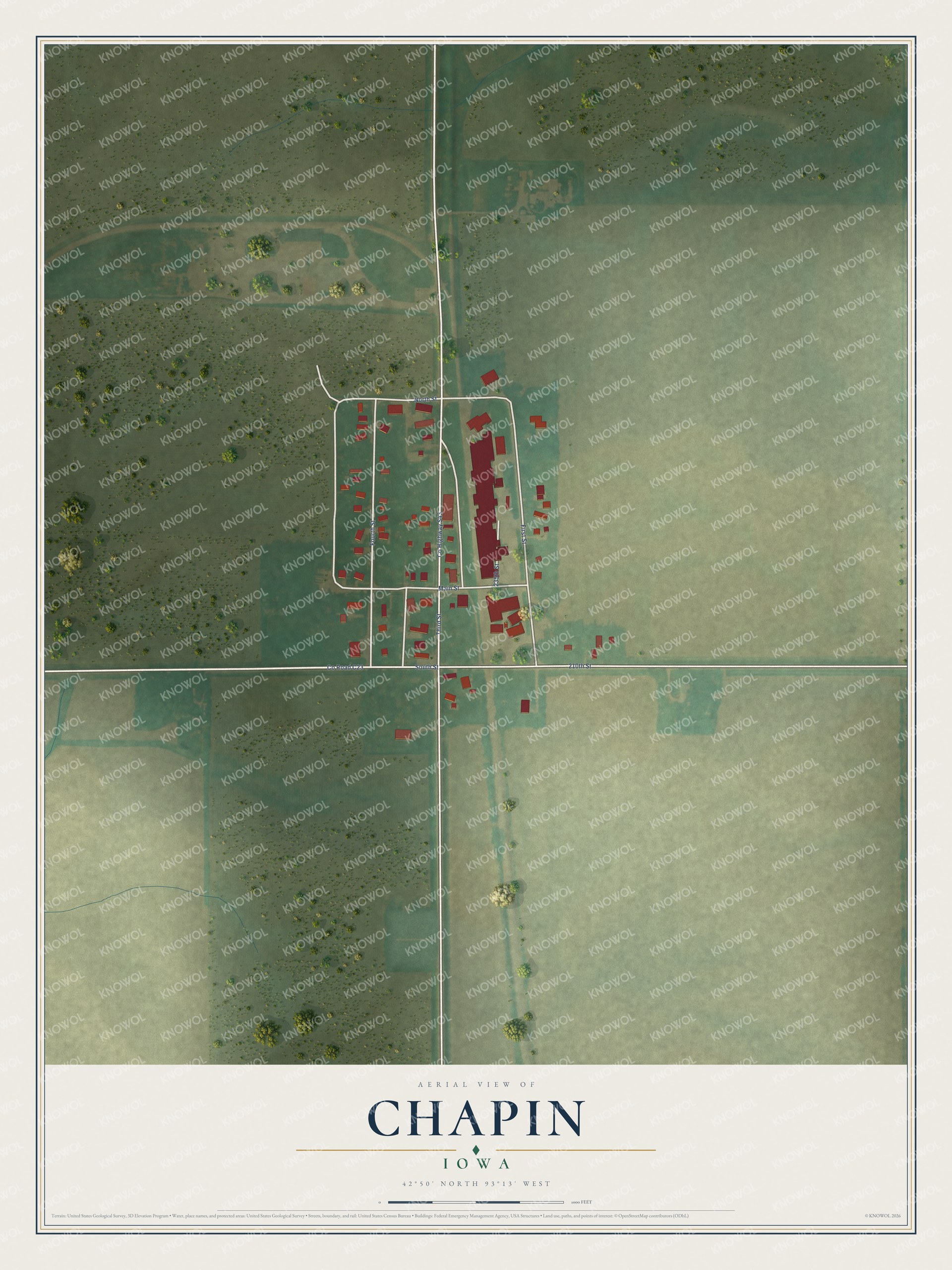 Full map of Chapin, Iowa, with red buildings, printed street names and the land around them