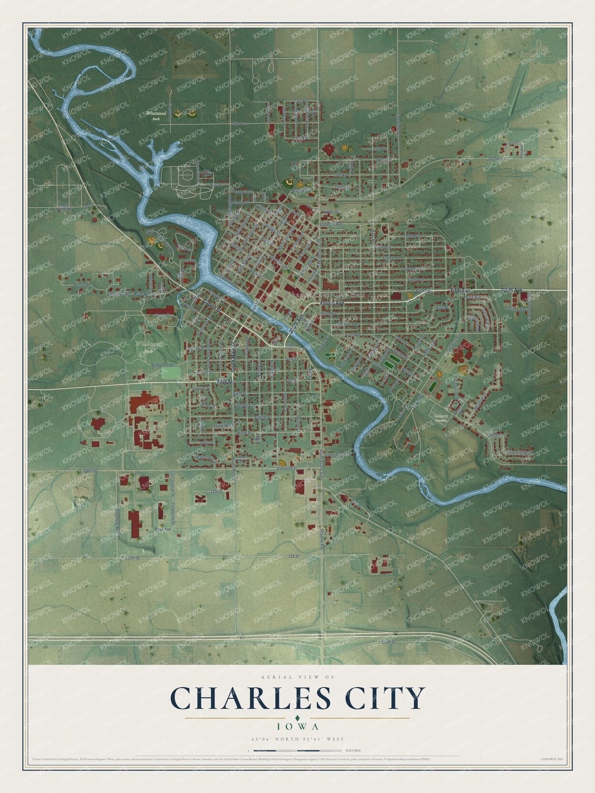 Full map of Charles City, Iowa, with red buildings, printed street names and the land around them