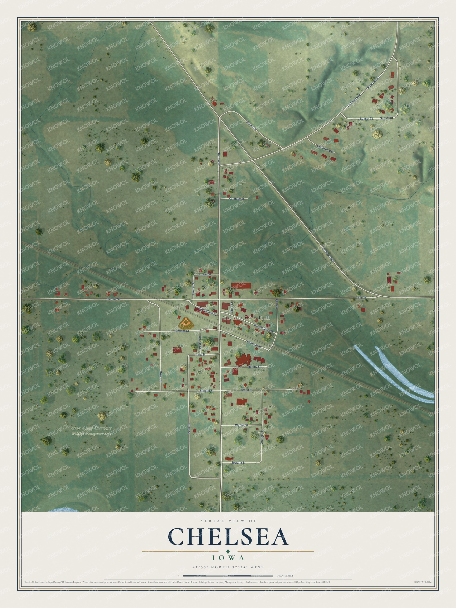 Full map of Chelsea, Iowa, with red buildings, printed street names and the land around them