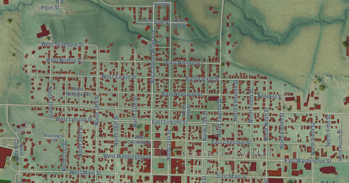 Map of Clarinda, Iowa in 2026