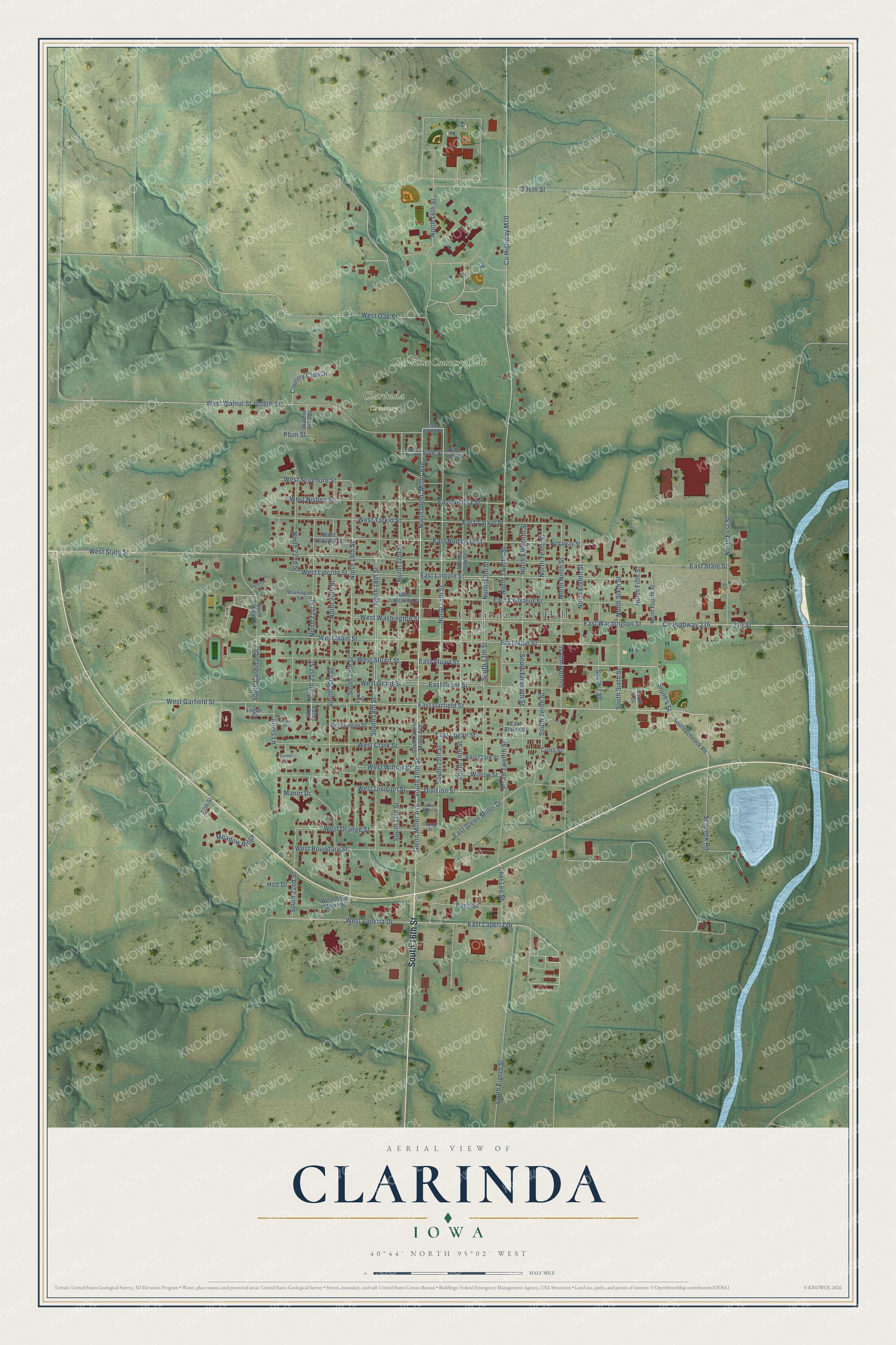 Full map of Clarinda, Iowa, with red buildings, printed street names and the land around them