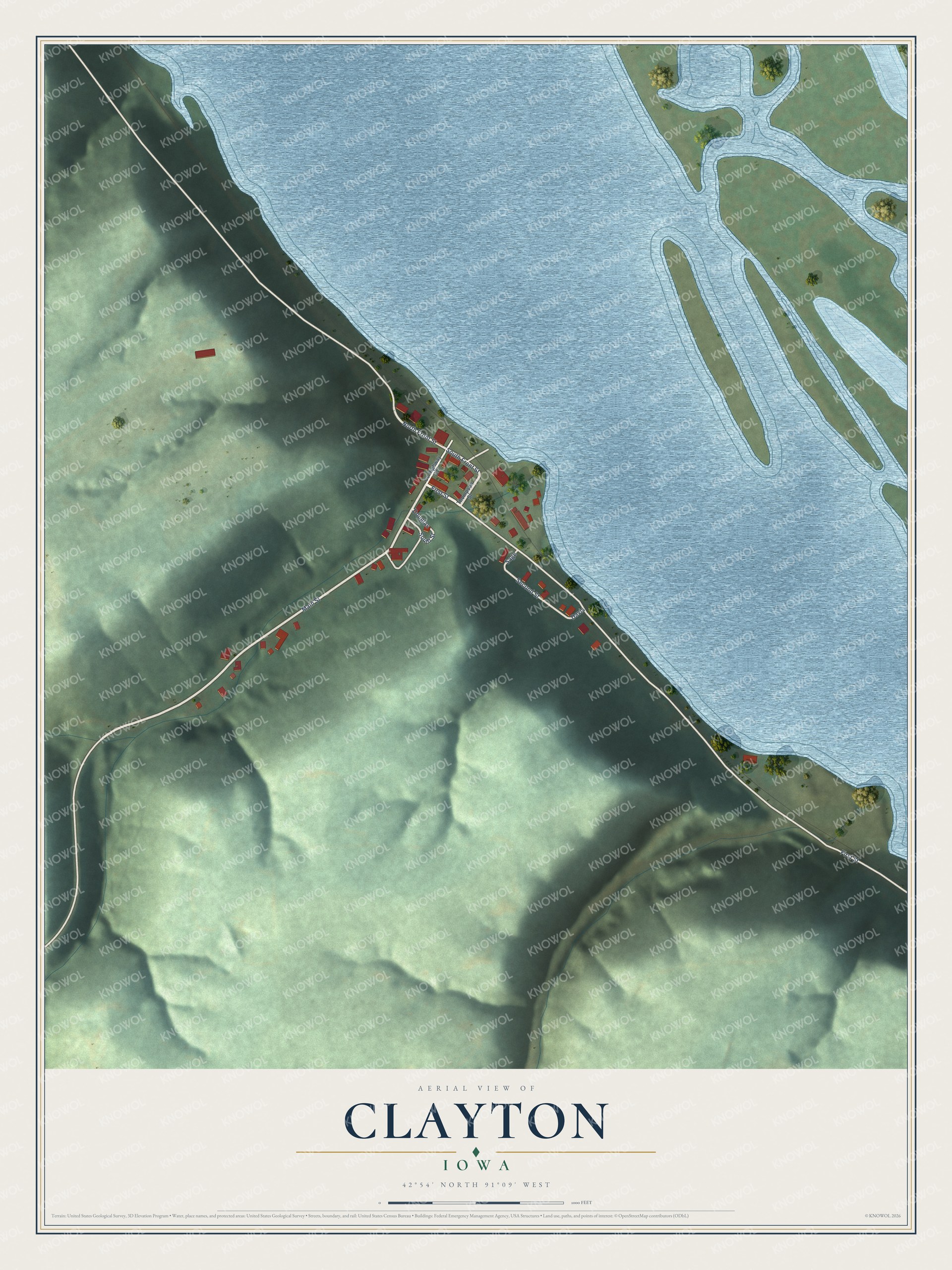 Full map of Clayton, Iowa, with red buildings, printed street names and the land around them