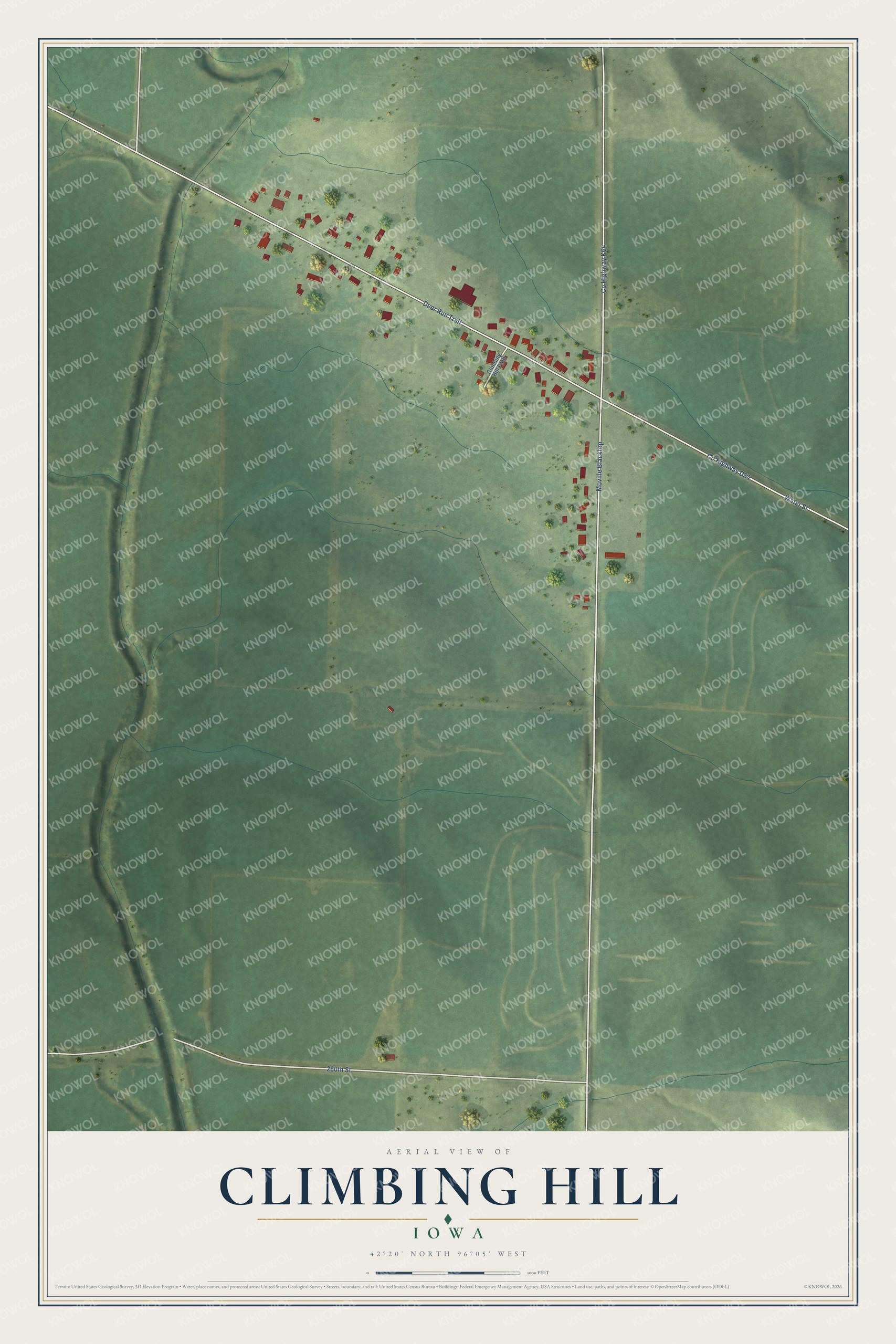 Full map of Climbing Hill, Iowa, with red buildings, printed street names and the land around them