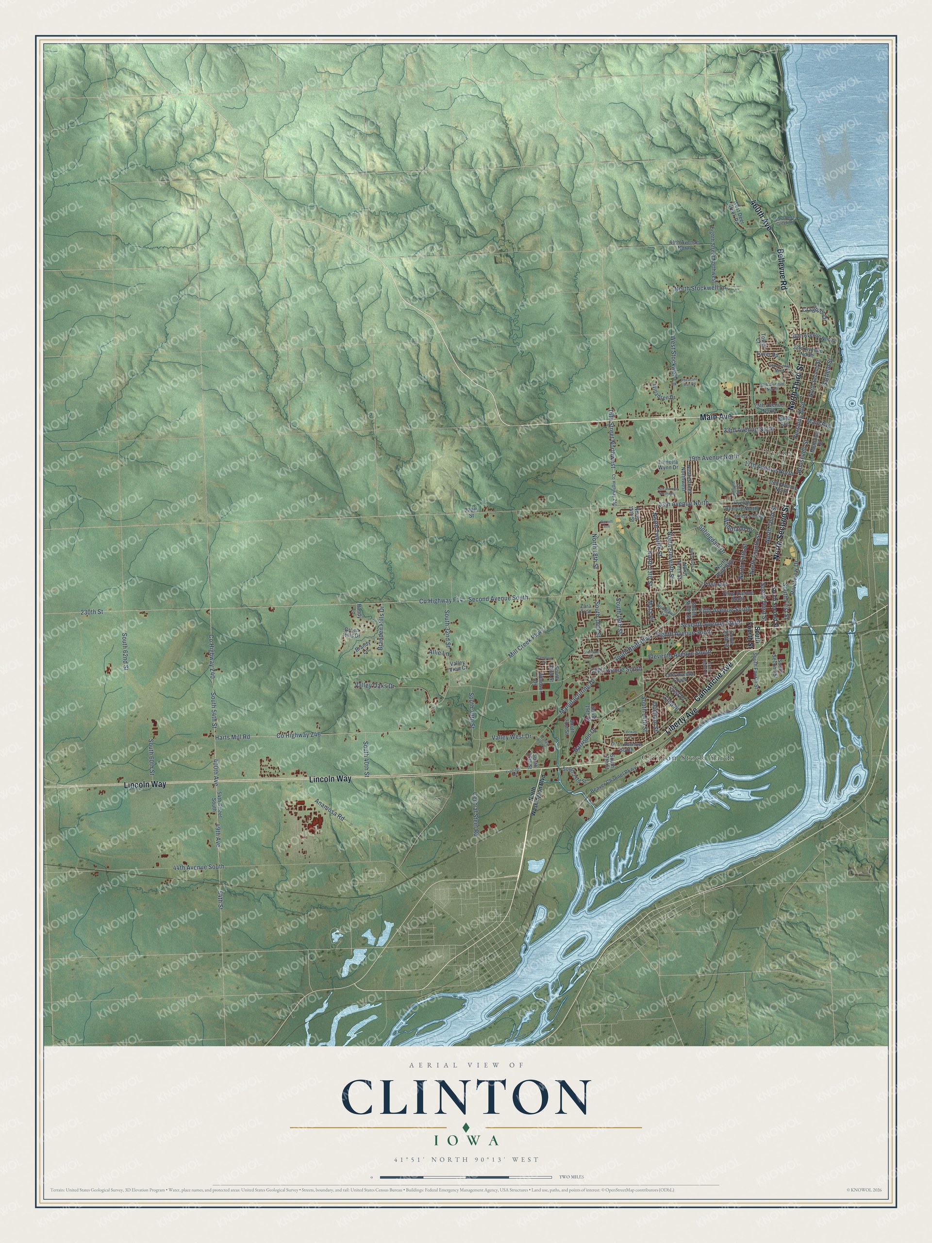 Full map of Clinton, Iowa, with red buildings, printed street names and the land around them
