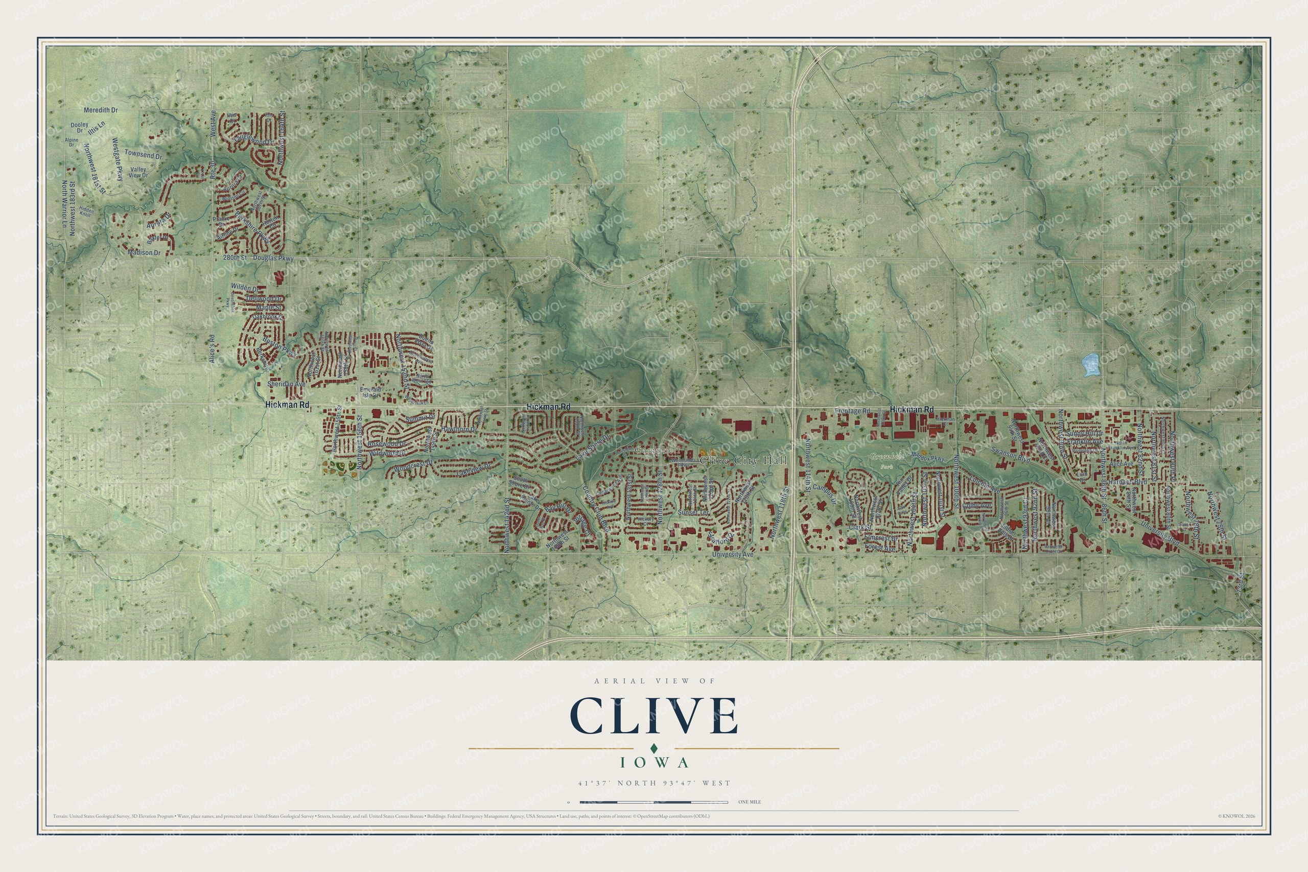 Full map of Clive, Iowa, with red buildings, printed street names and the land around them