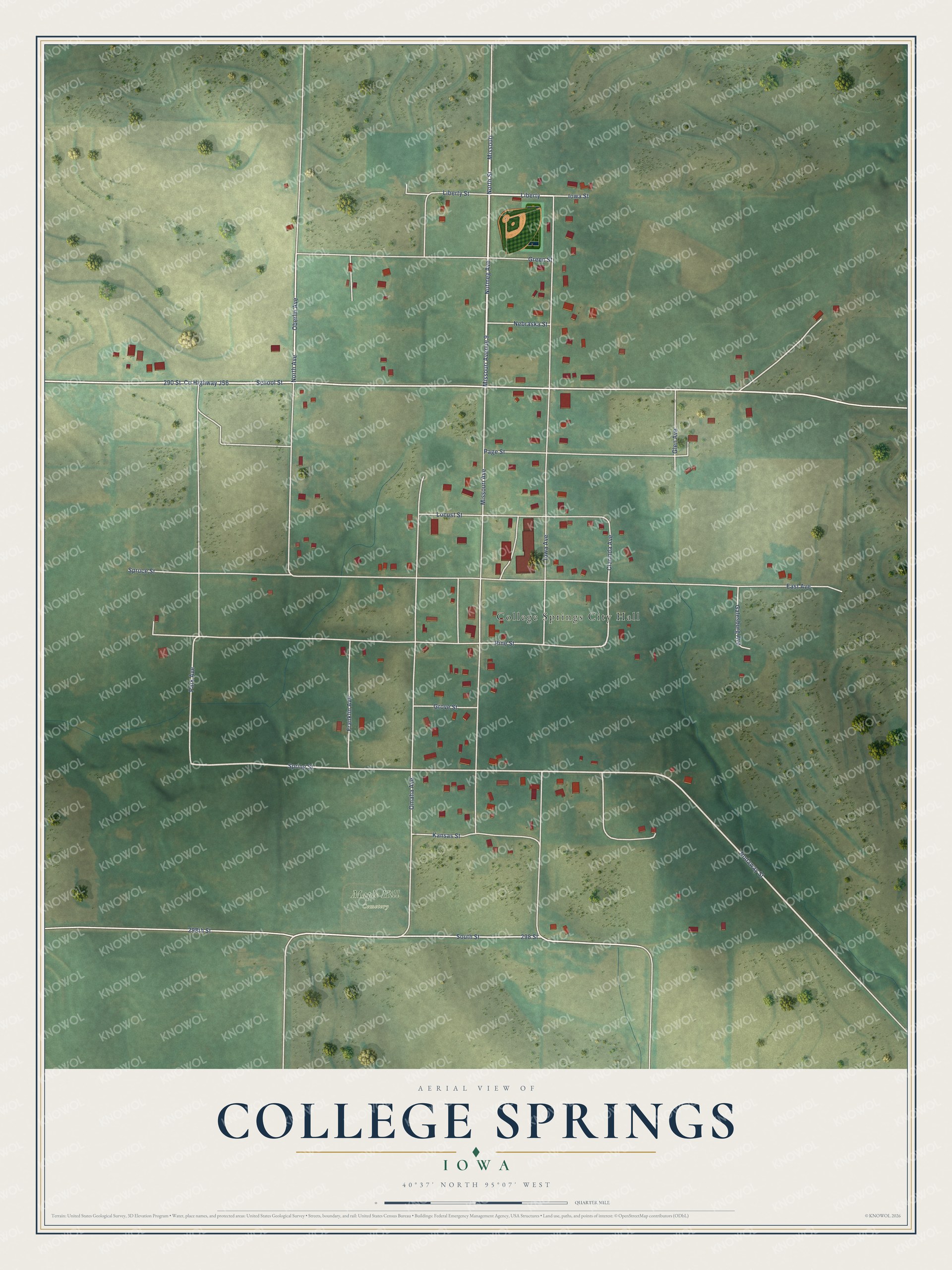 Full map of College Springs, Iowa, with red buildings, printed street names and the land around them