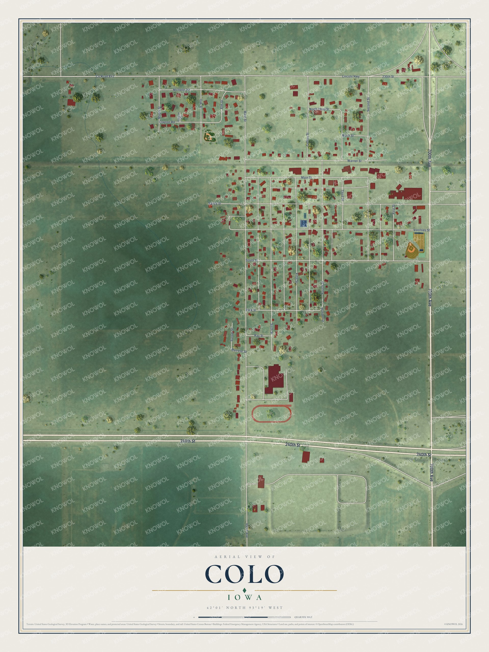 Full map of Colo, Iowa, with red buildings, printed street names and the land around them
