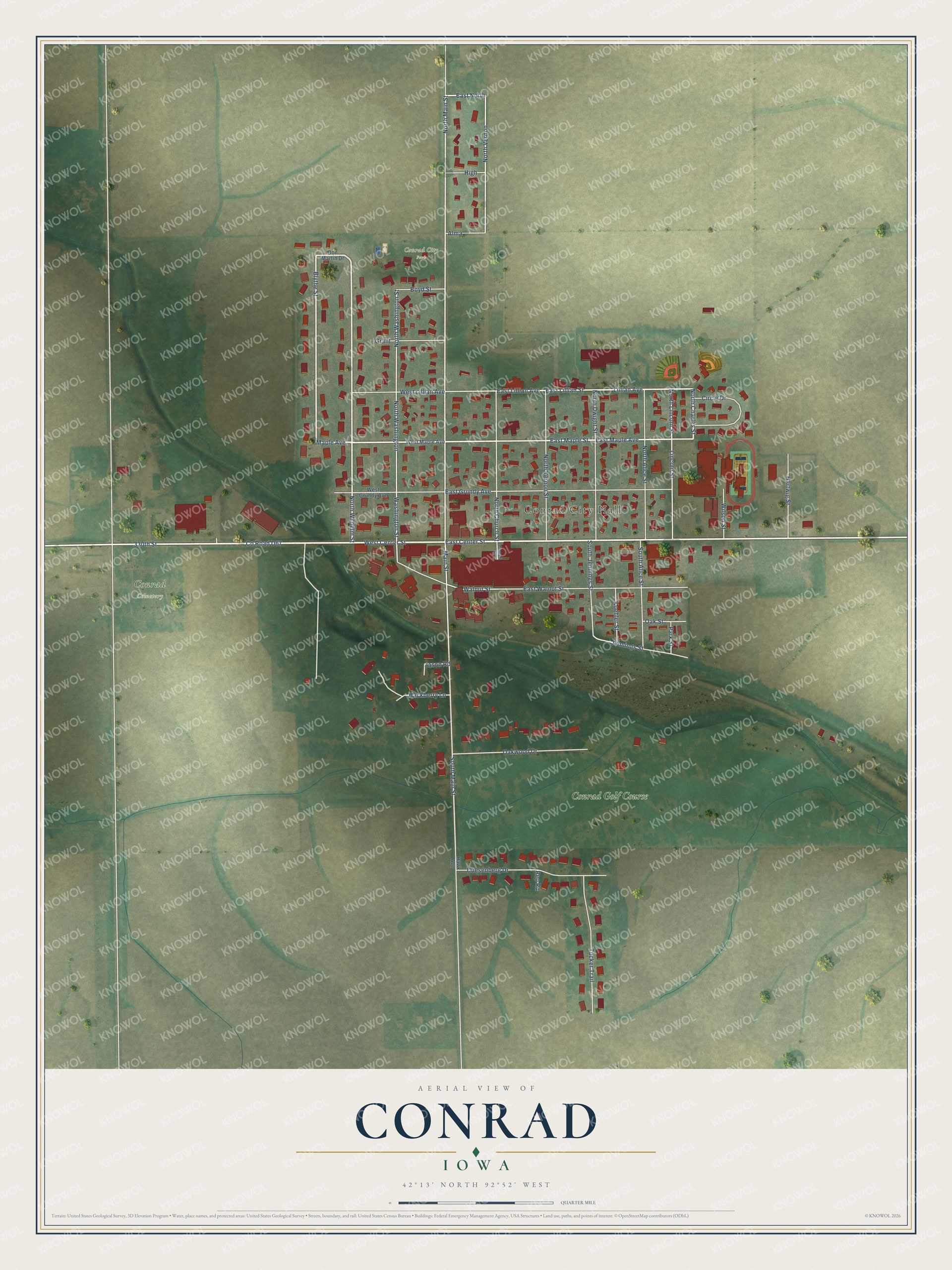 Full map of Conrad, Iowa, with red buildings, printed street names and the land around them