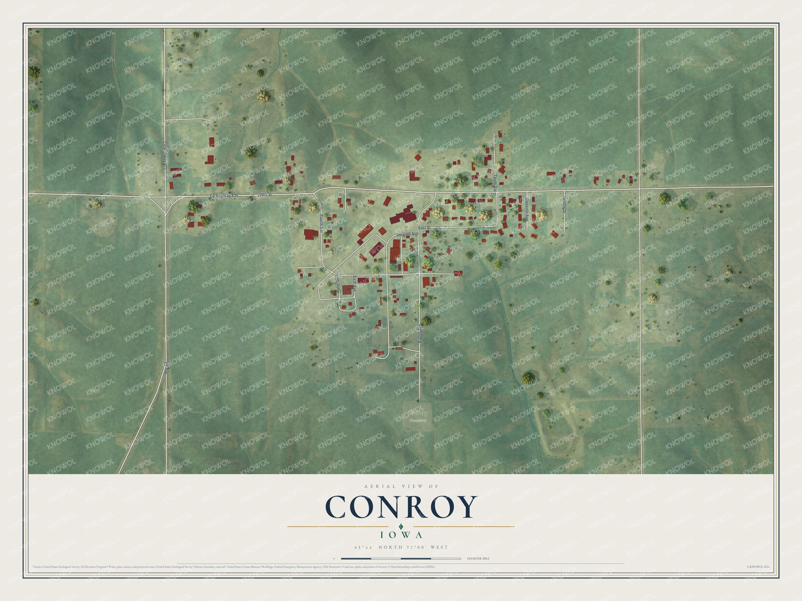 Full map of Conroy, Iowa, with red buildings, printed street names and the land around them