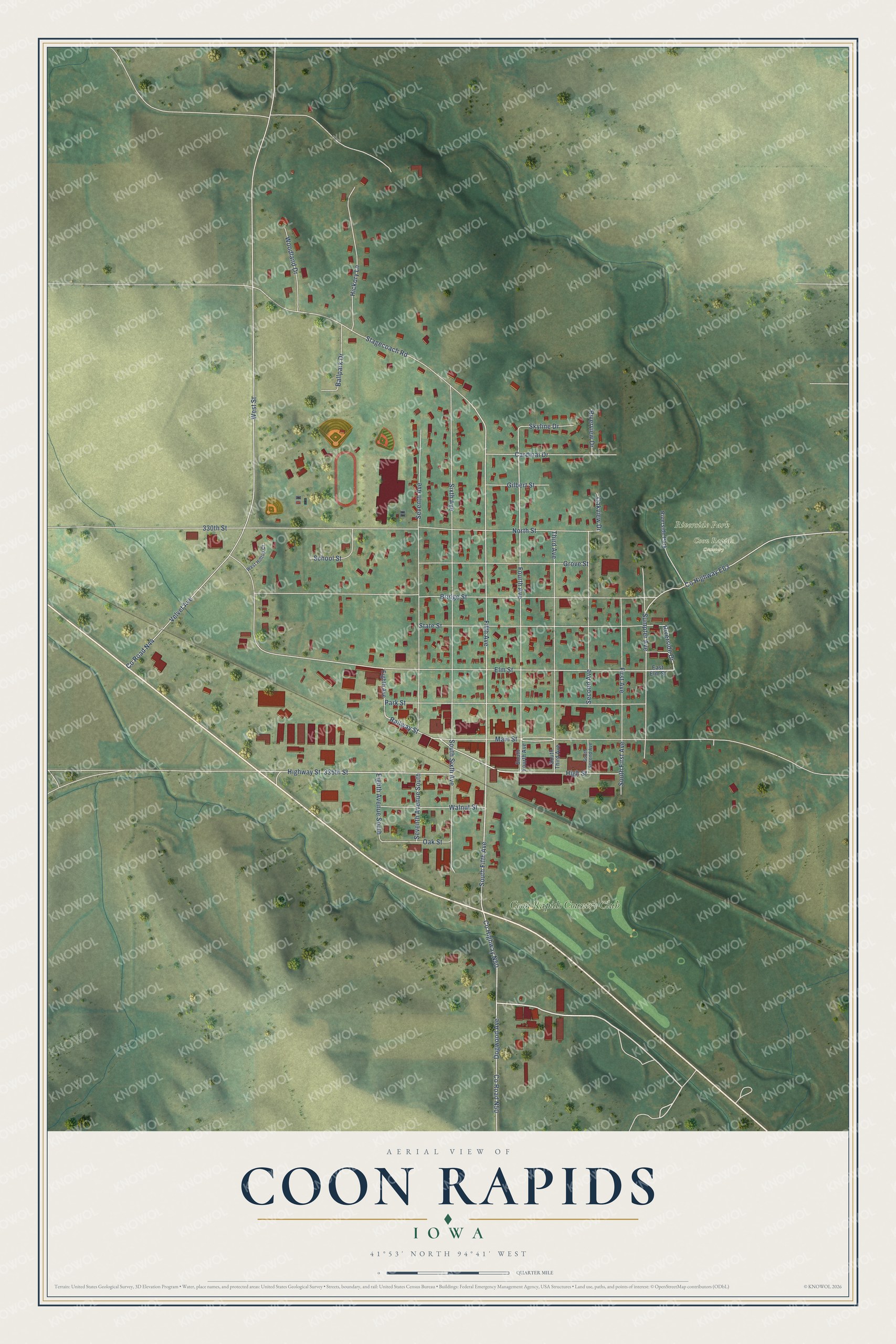 Full map of Coon Rapids, Iowa, with red buildings, printed street names and the land around them
