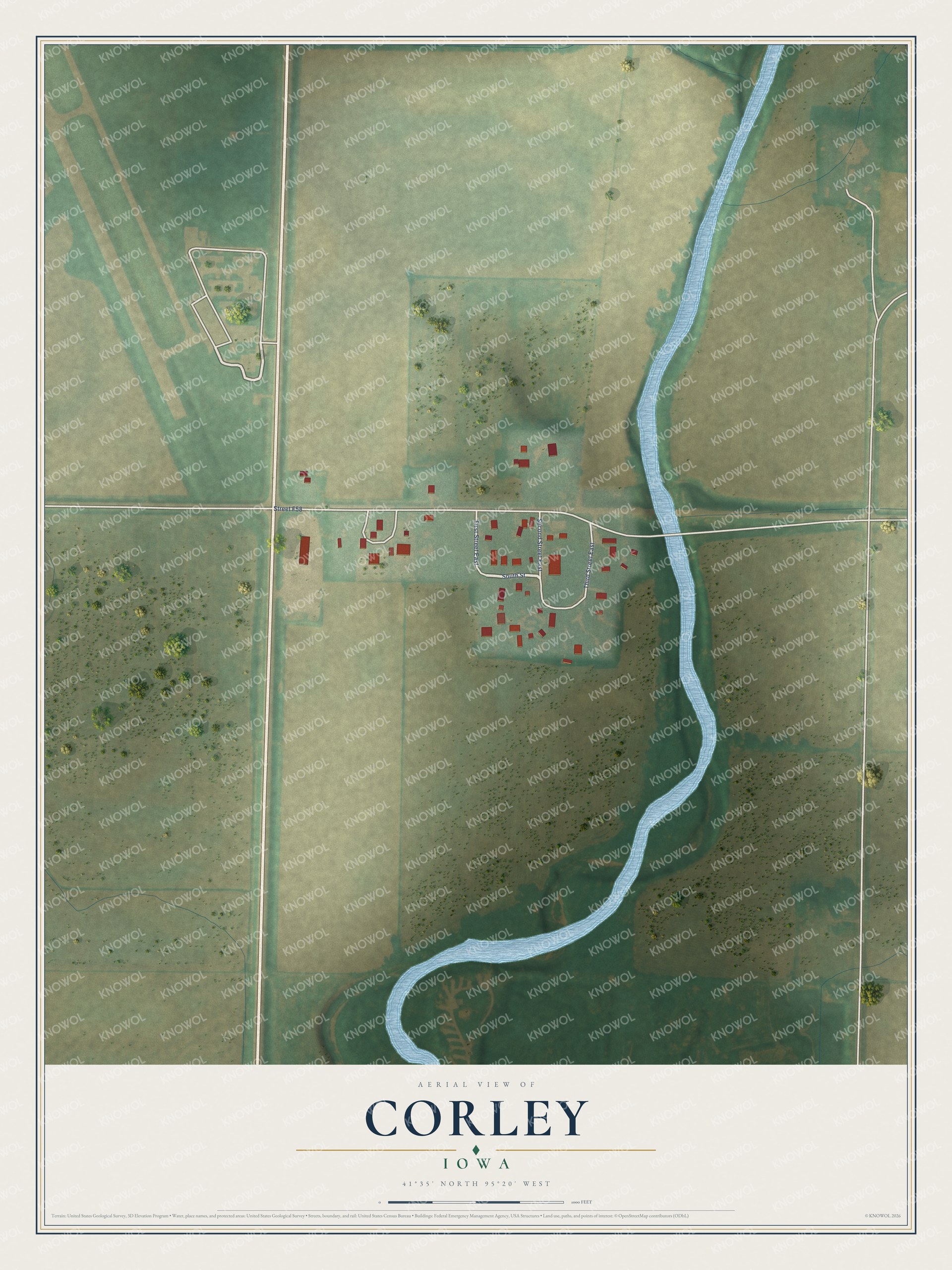 Full map of Corley, Iowa, with red buildings, printed street names and the land around them