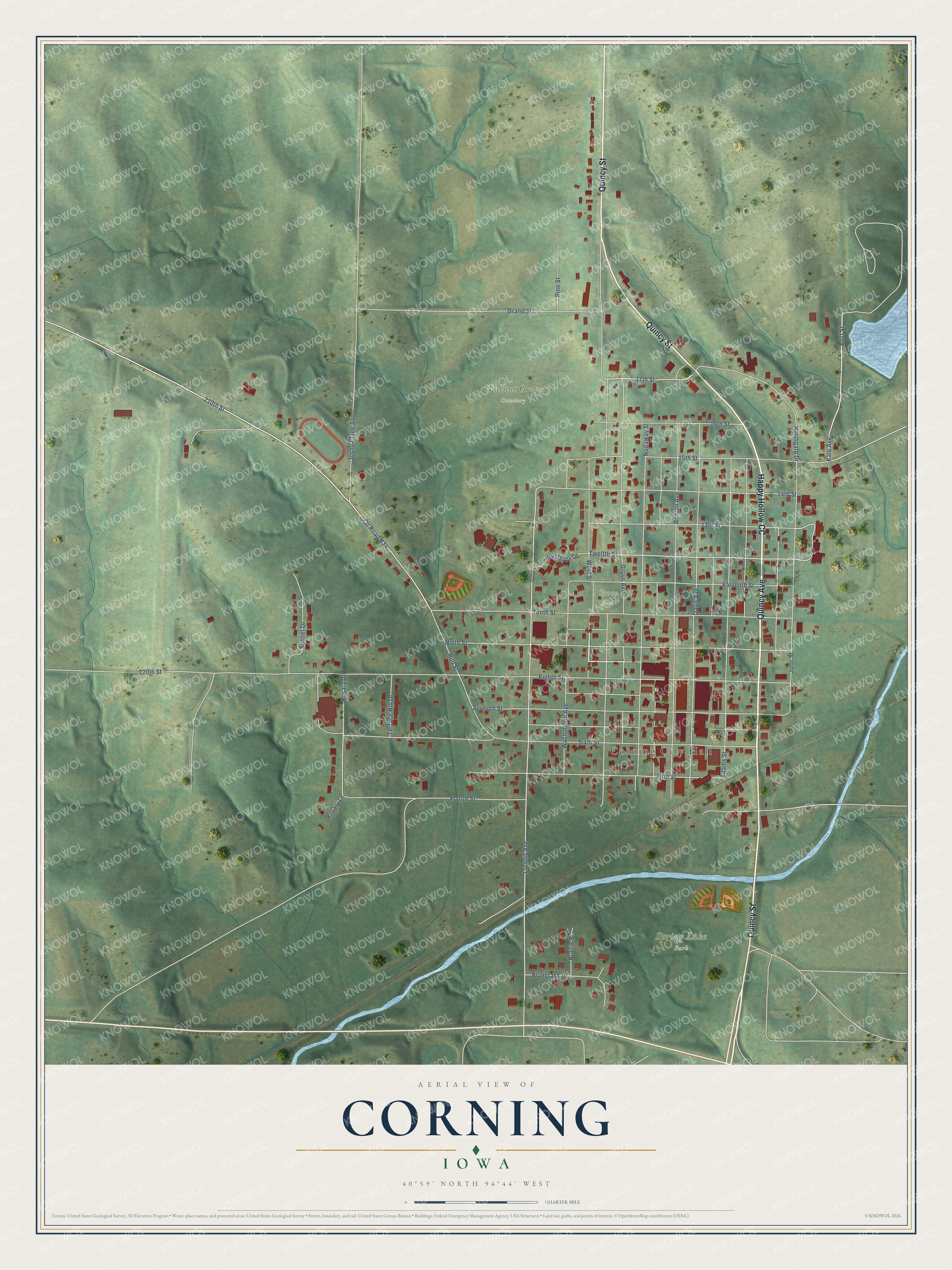 Full map of Corning, Iowa, with red buildings, printed street names and the land around them