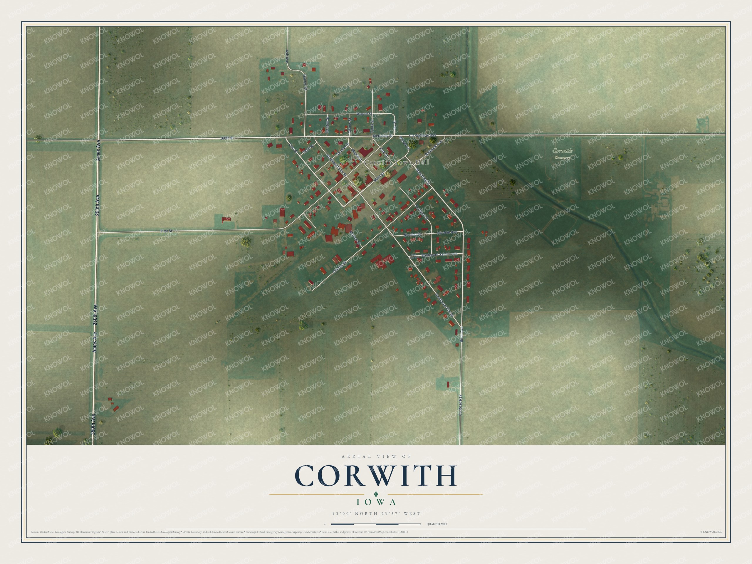 Full map of Corwith, Iowa, with red buildings, printed street names and the land around them
