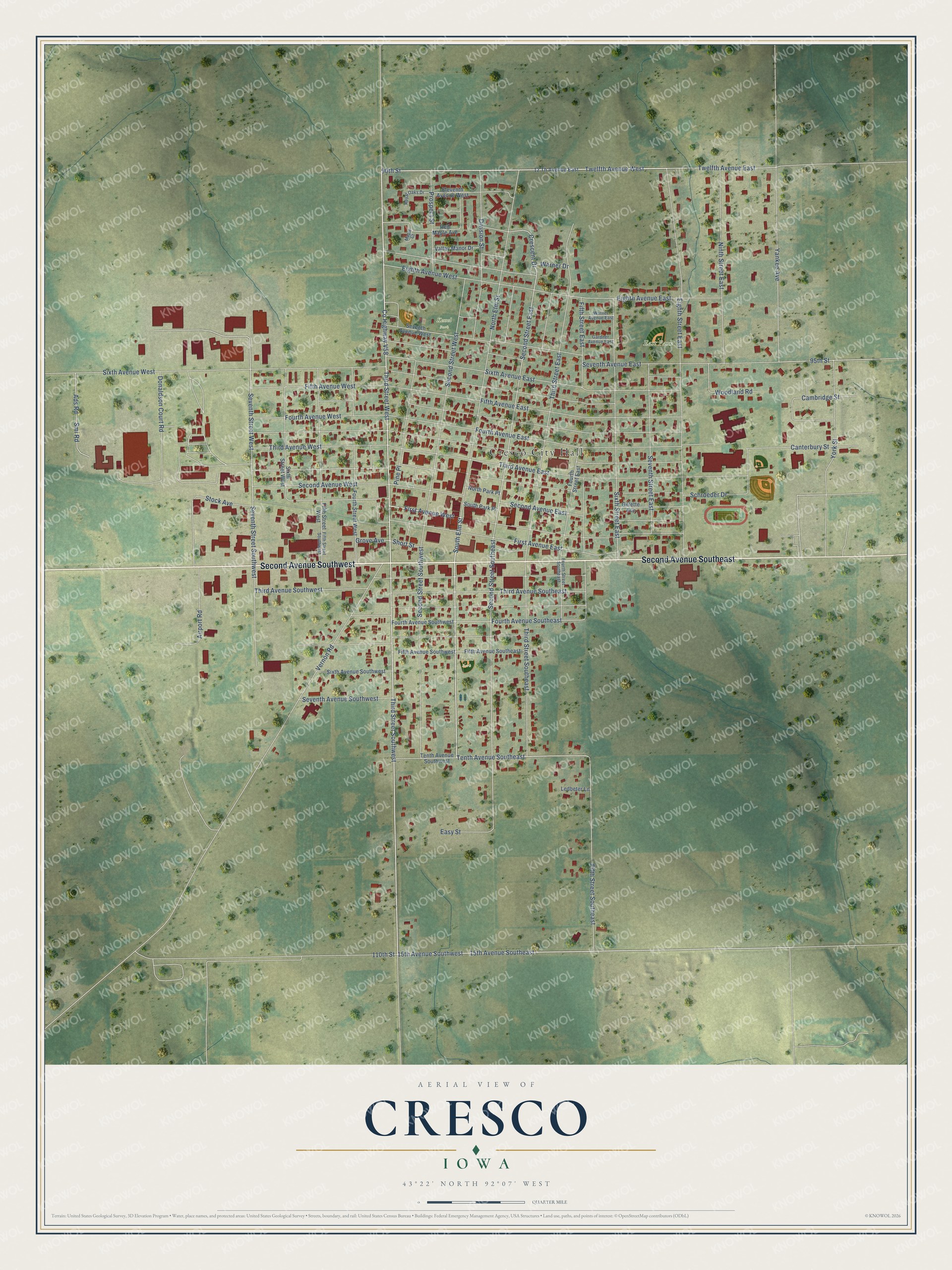 Full map of Cresco, Iowa, with red buildings, printed street names and the land around them