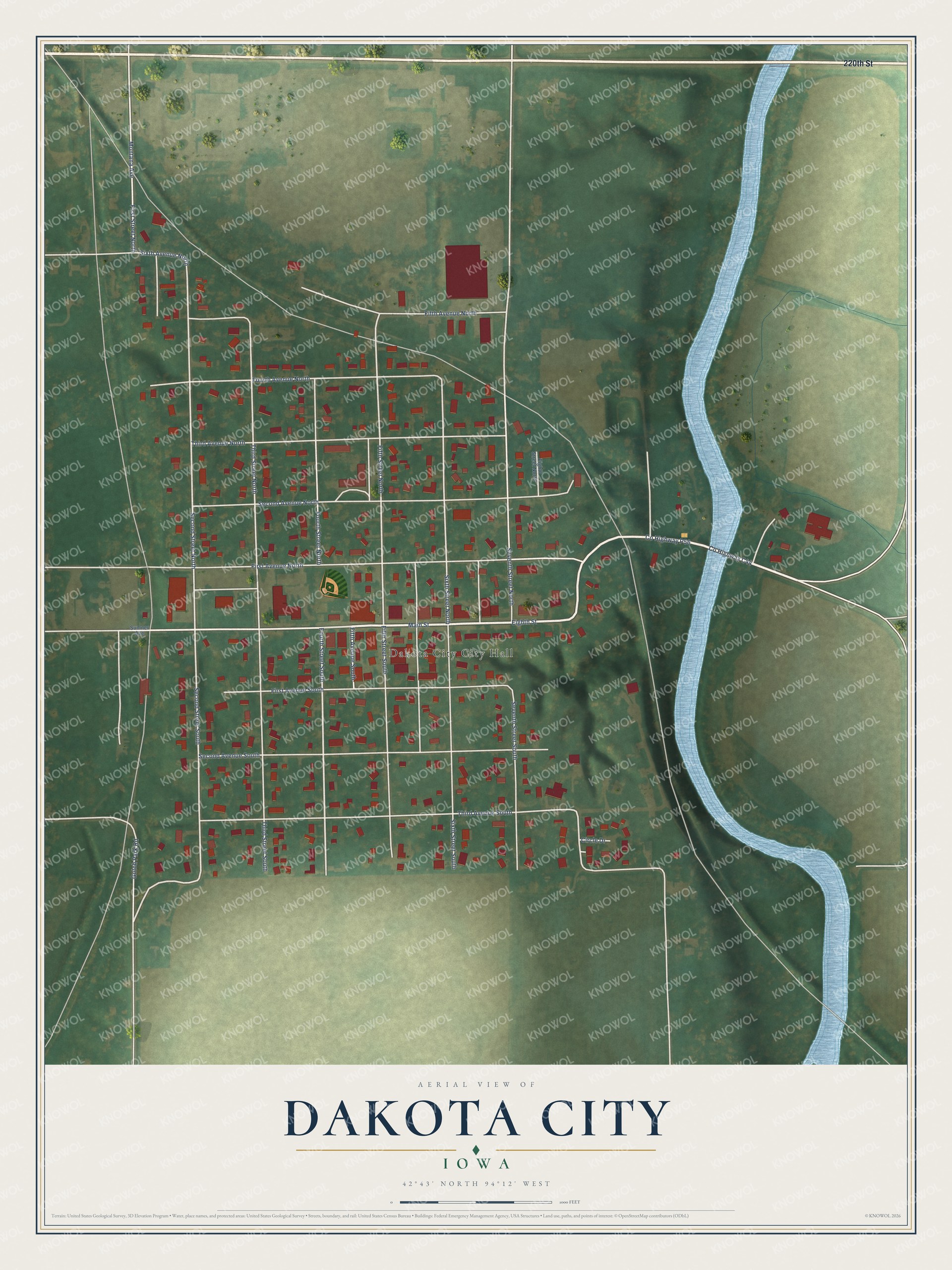 Full map of Dakota City, Iowa, with red buildings, printed street names and the land around them