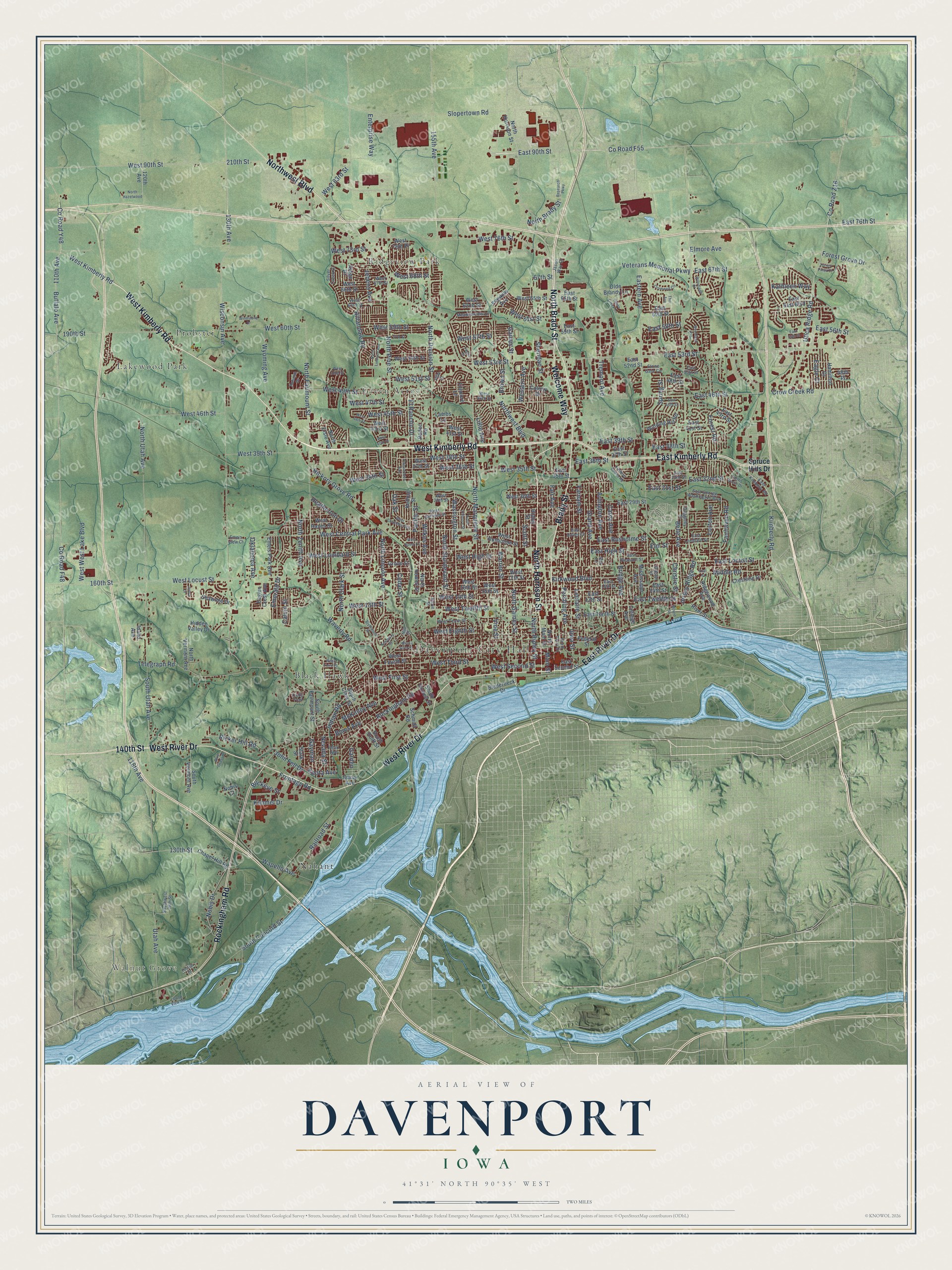 Full map of Davenport, Iowa, with red buildings, printed street names and the land around them