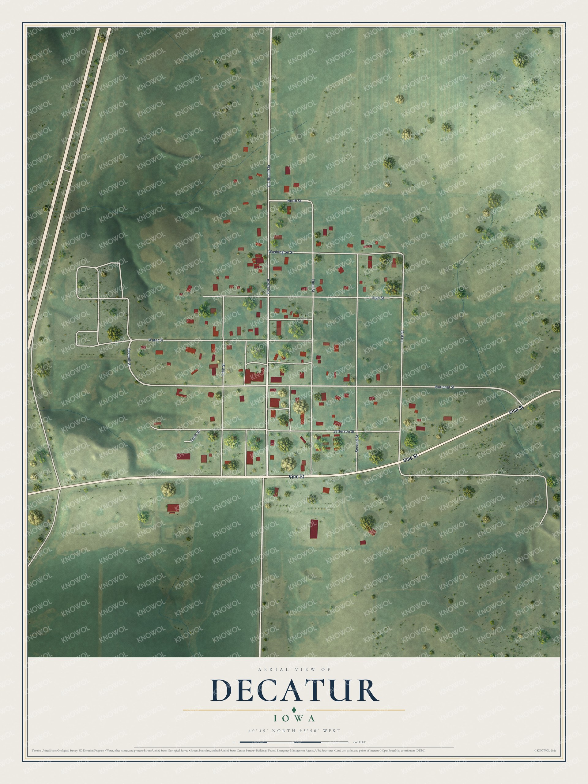 Full map of Decatur, Iowa, with red buildings, printed street names and the land around them