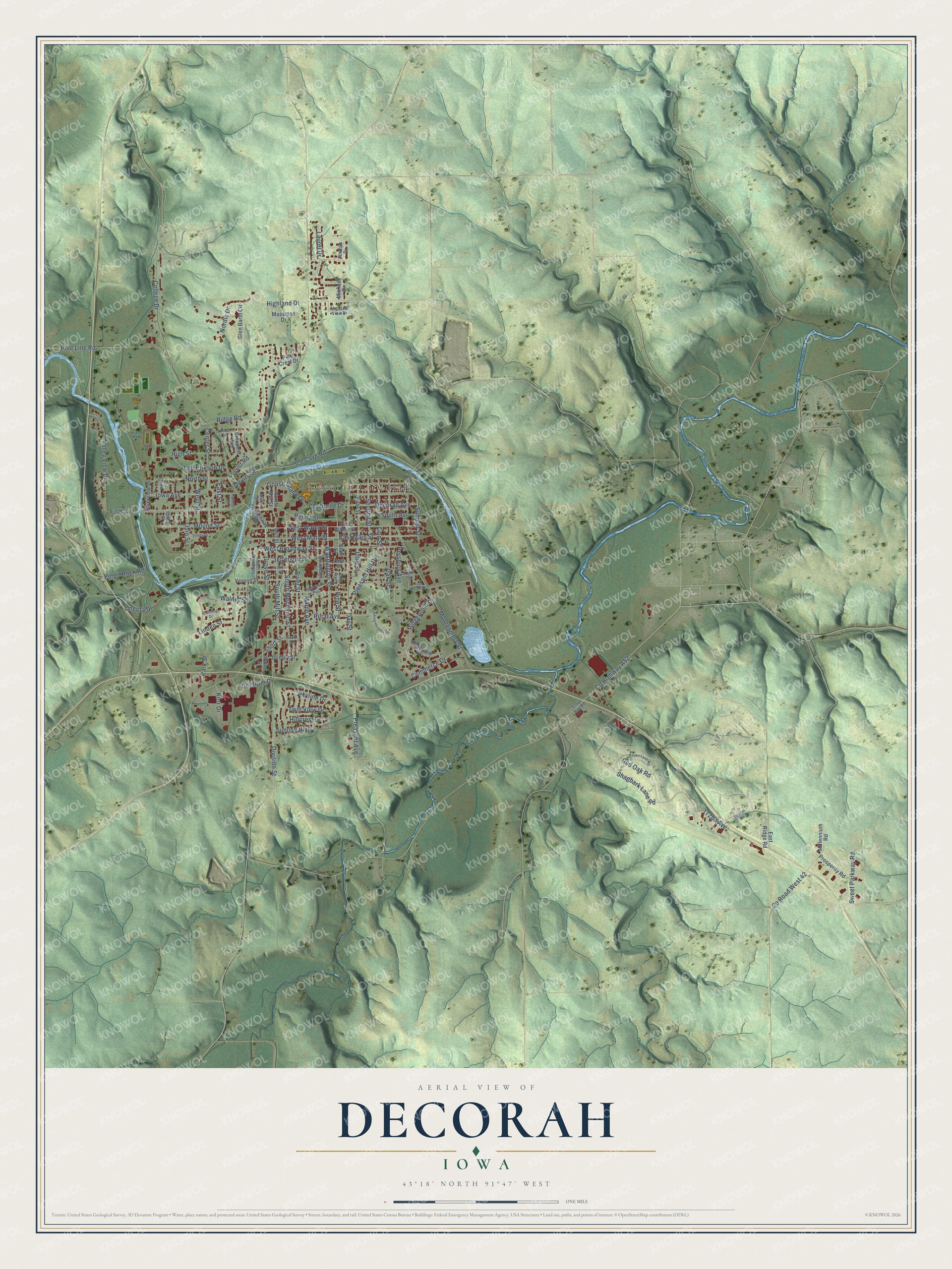 Full map of Decorah, Iowa, with red buildings, printed street names and the land around them