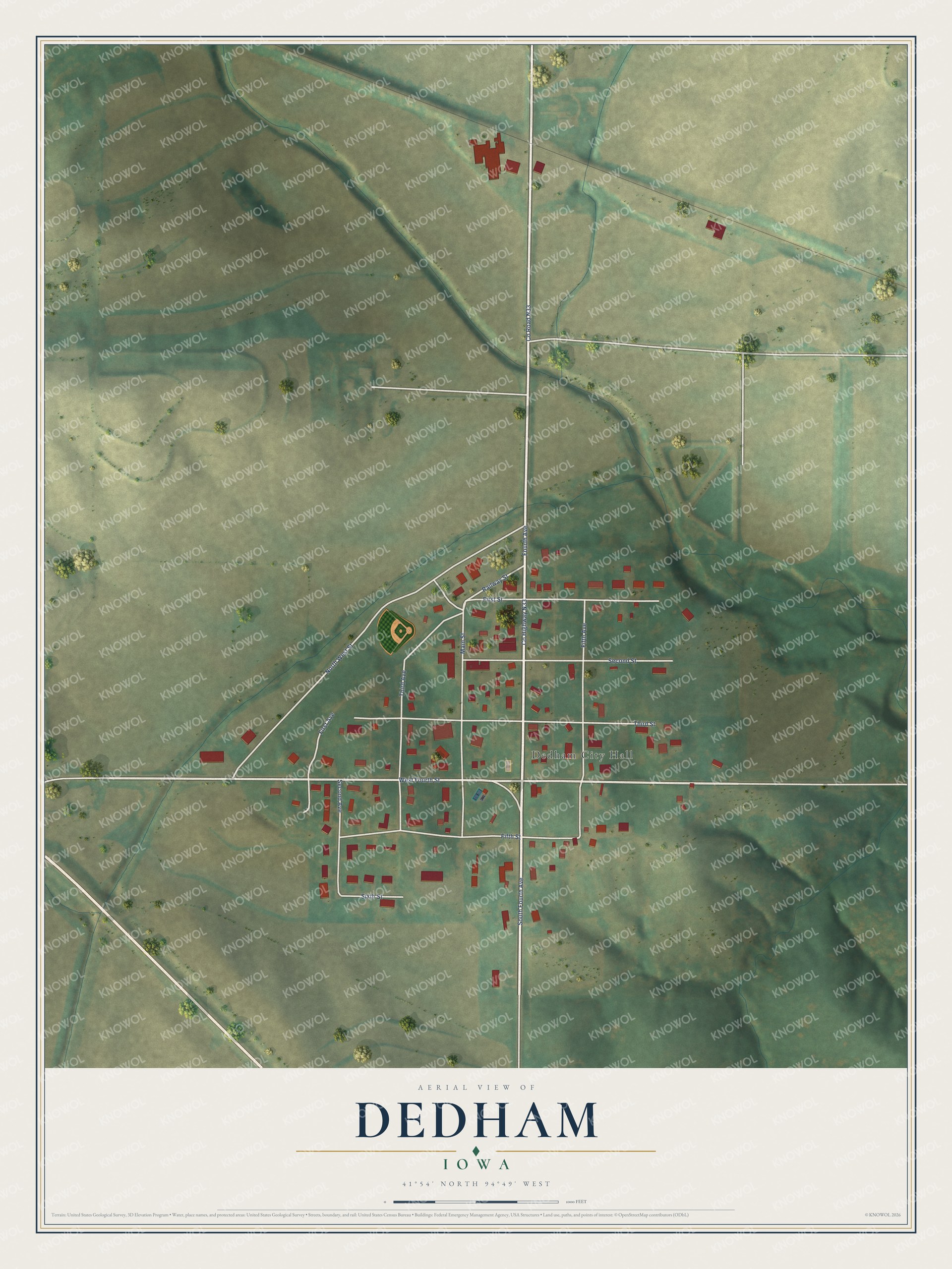 Full map of Dedham, Iowa, with red buildings, printed street names and the land around them