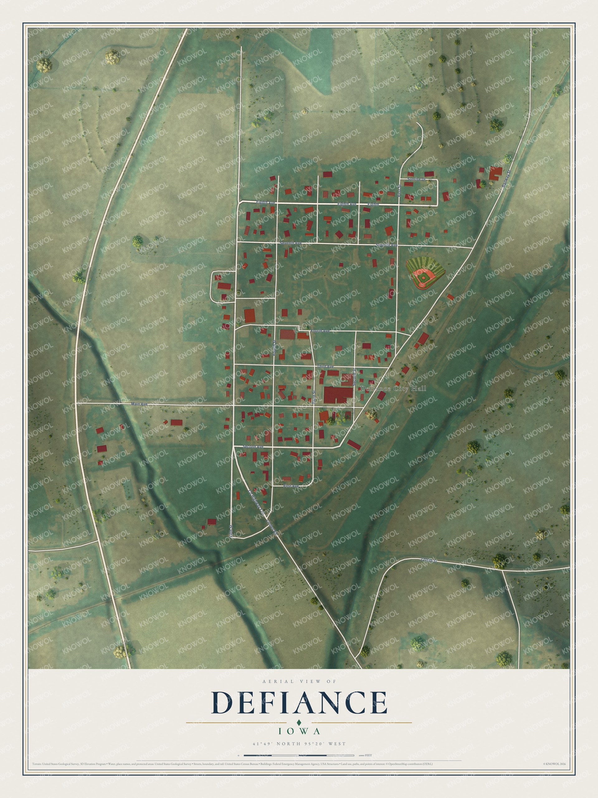 Watermarked full-map preview of Defiance, Iowa