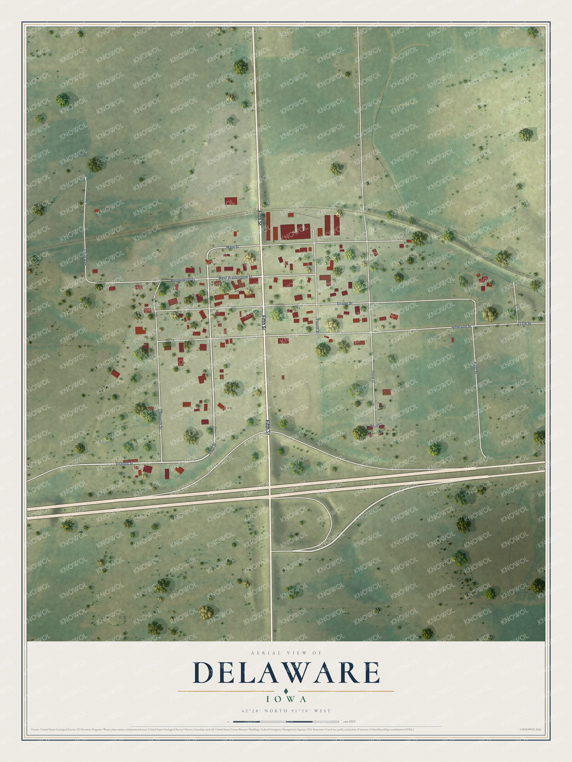 Full map of Delaware, Iowa, with red buildings, printed street names and the land around them