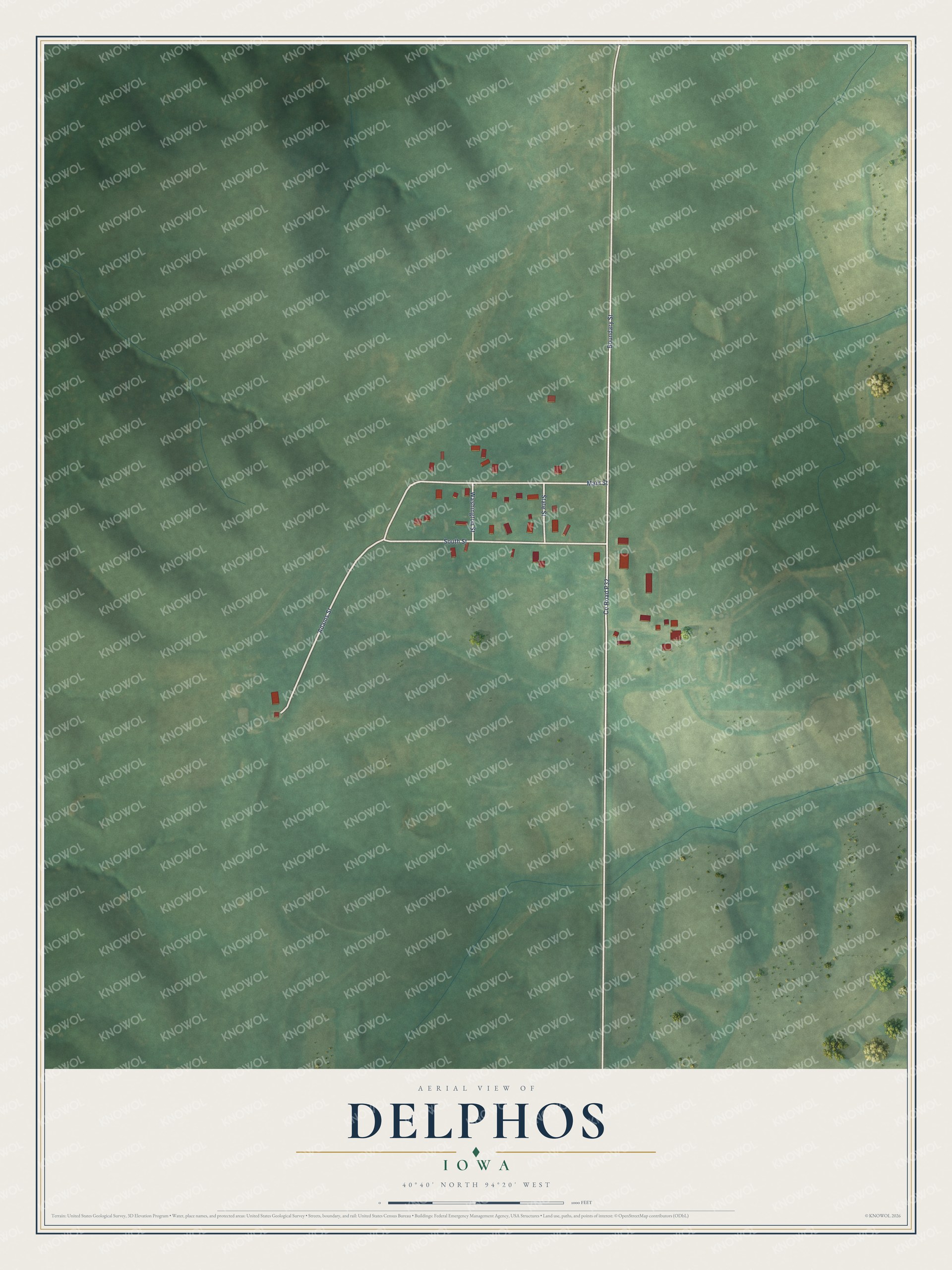Full map of Delphos, Iowa, with red buildings, printed street names and the land around them