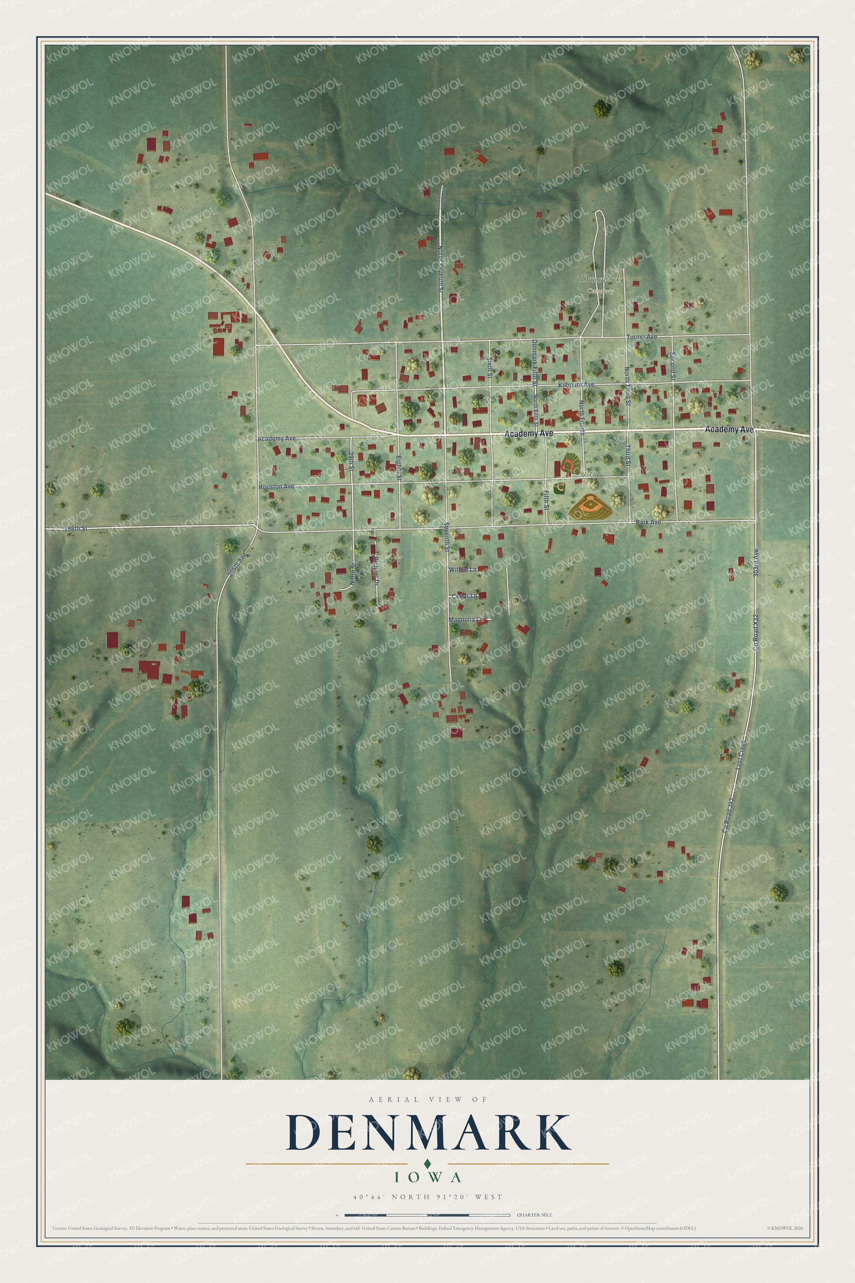 Full map of Denmark, Iowa, with red buildings, printed street names and the land around them