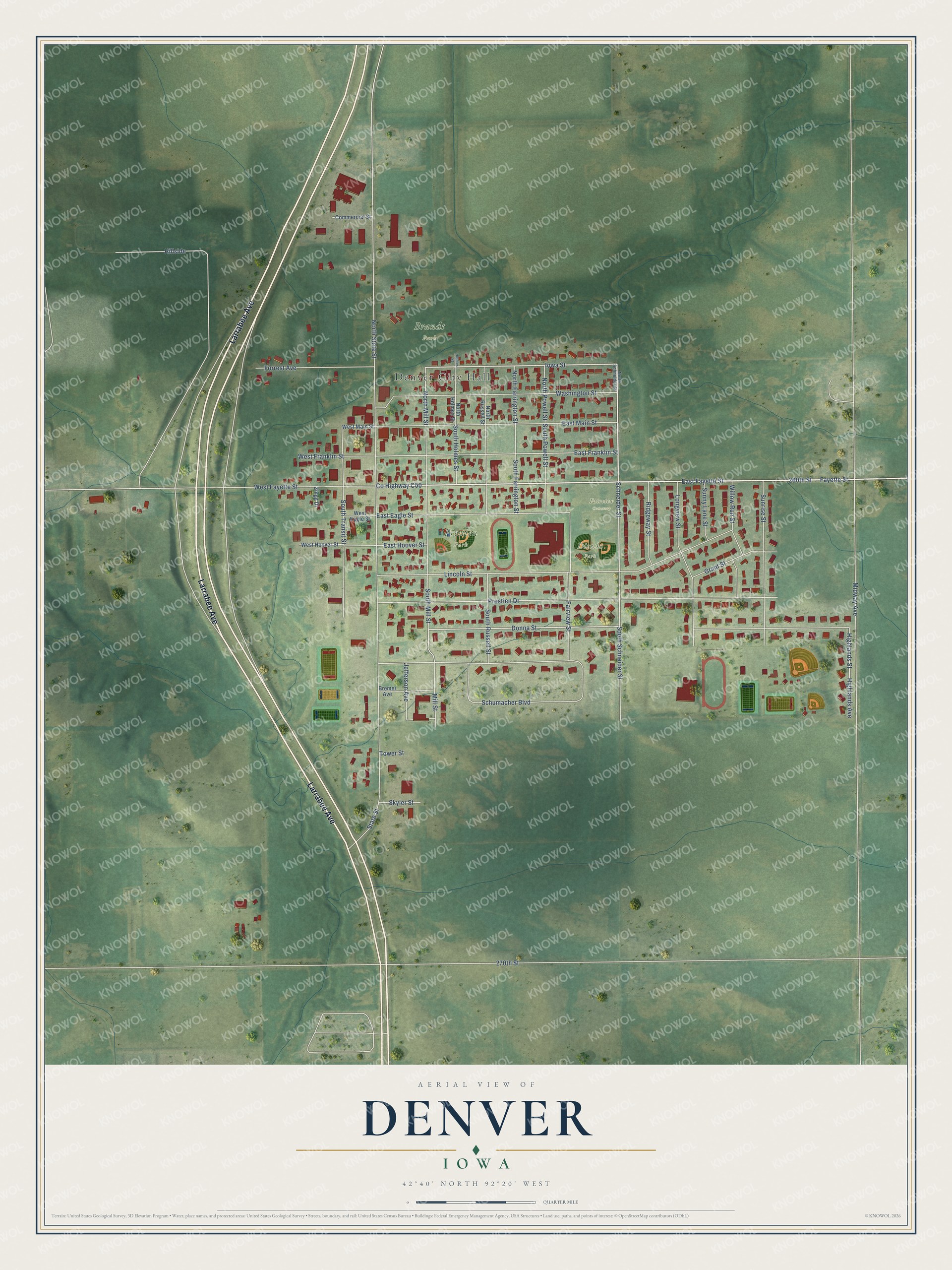 Full map of Denver, Iowa, with red buildings, printed street names and the land around them