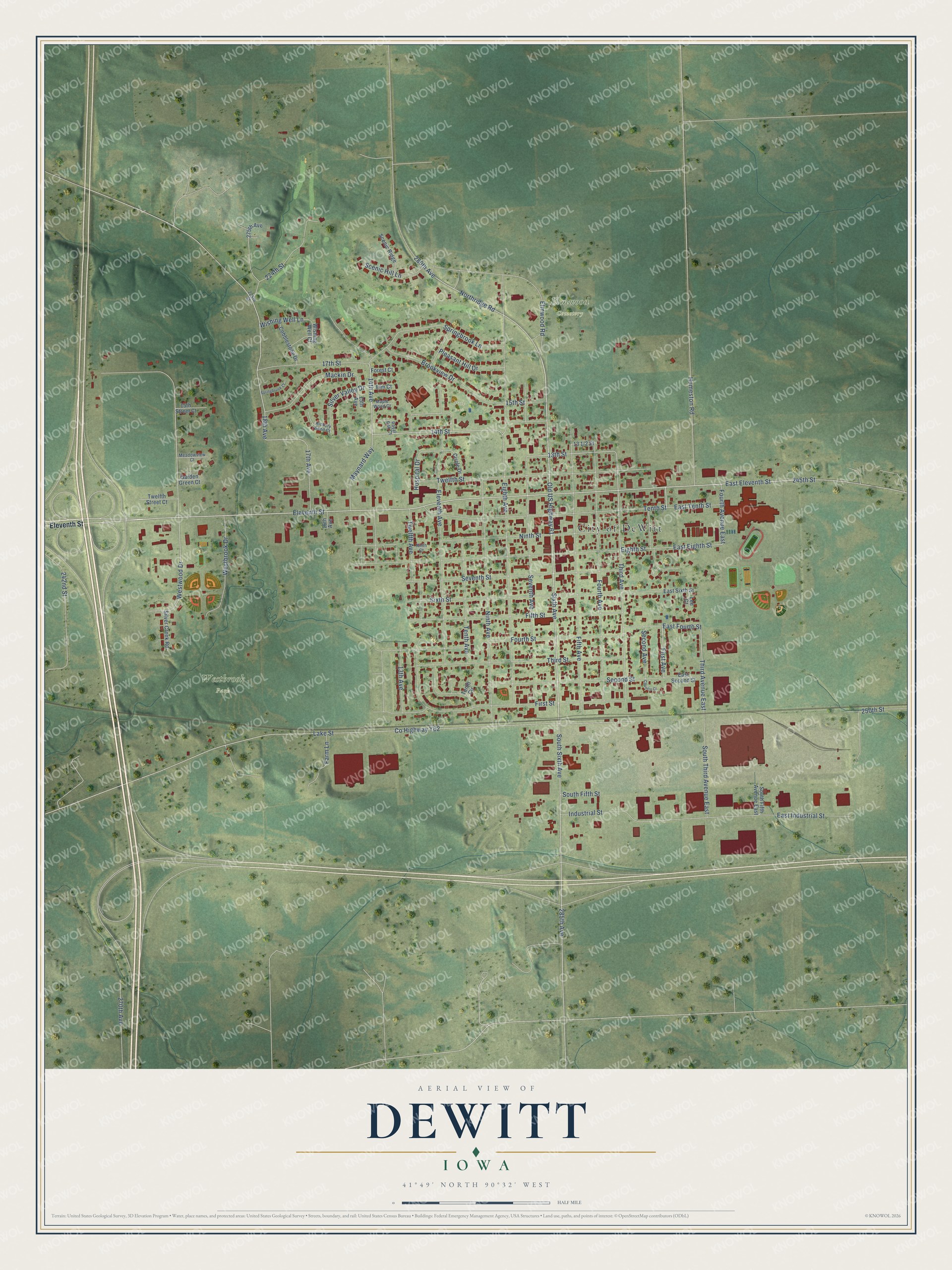 Full map of DeWitt, Iowa, with red buildings, printed street names and the land around them
