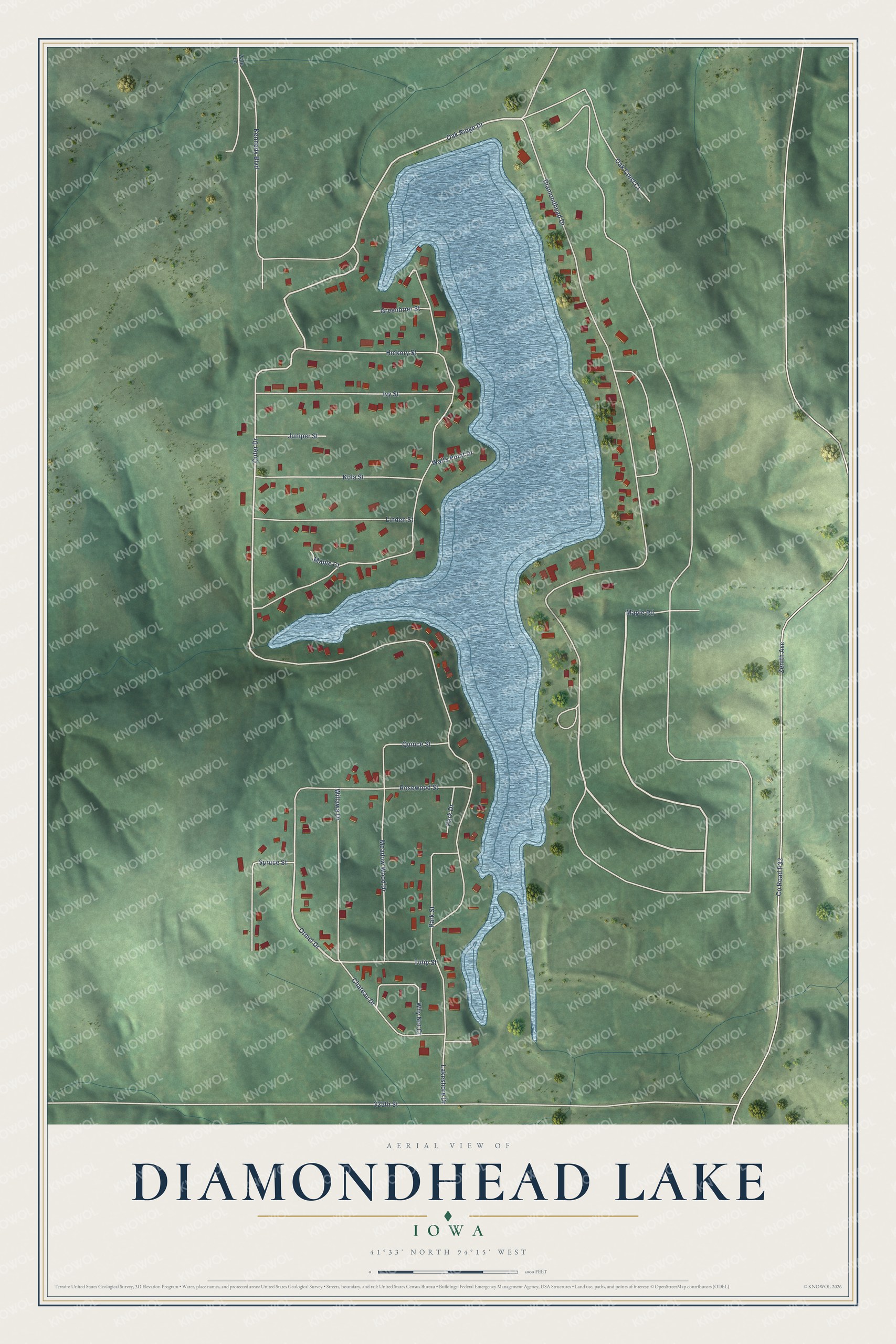 Full map of Diamondhead Lake, Iowa, with red buildings, printed street names and the land around them