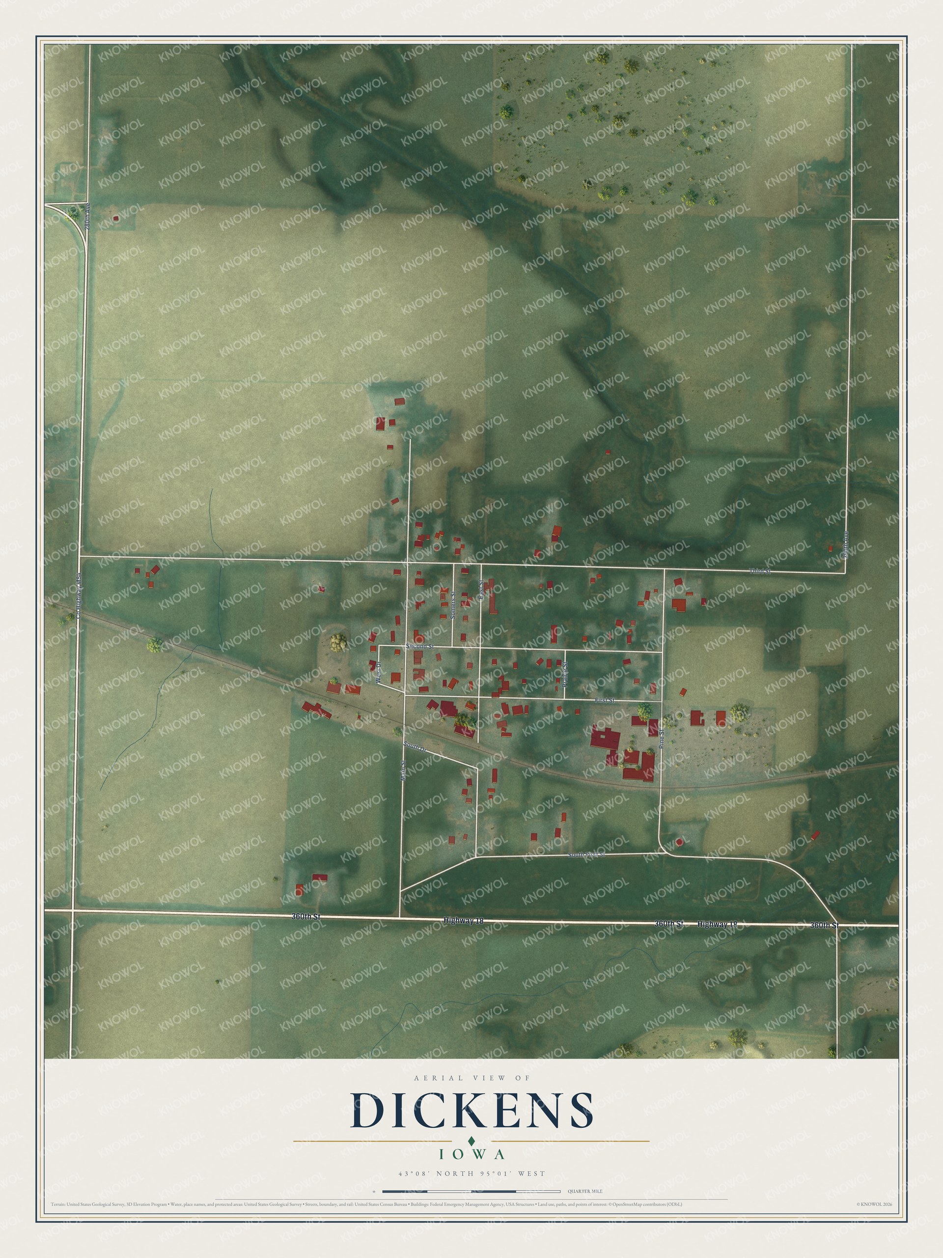 Full map of Dickens, Iowa, with red buildings, printed street names and the land around them