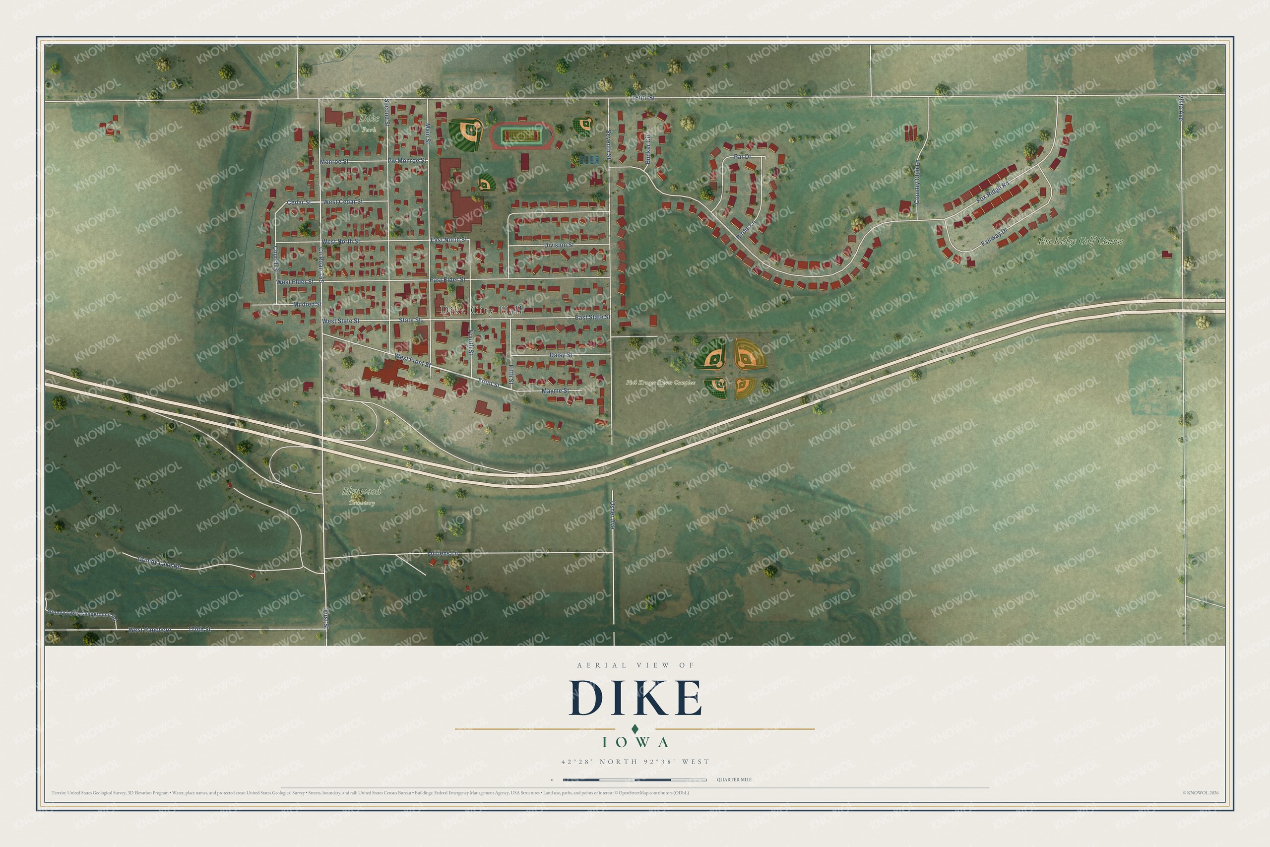 Full map of Dike, Iowa, with red buildings, printed street names and the land around them