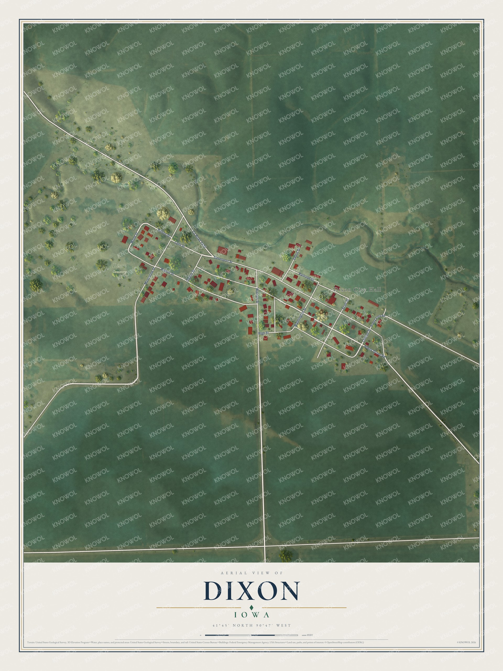 Full map of Dixon, Iowa, with red buildings, printed street names and the land around them