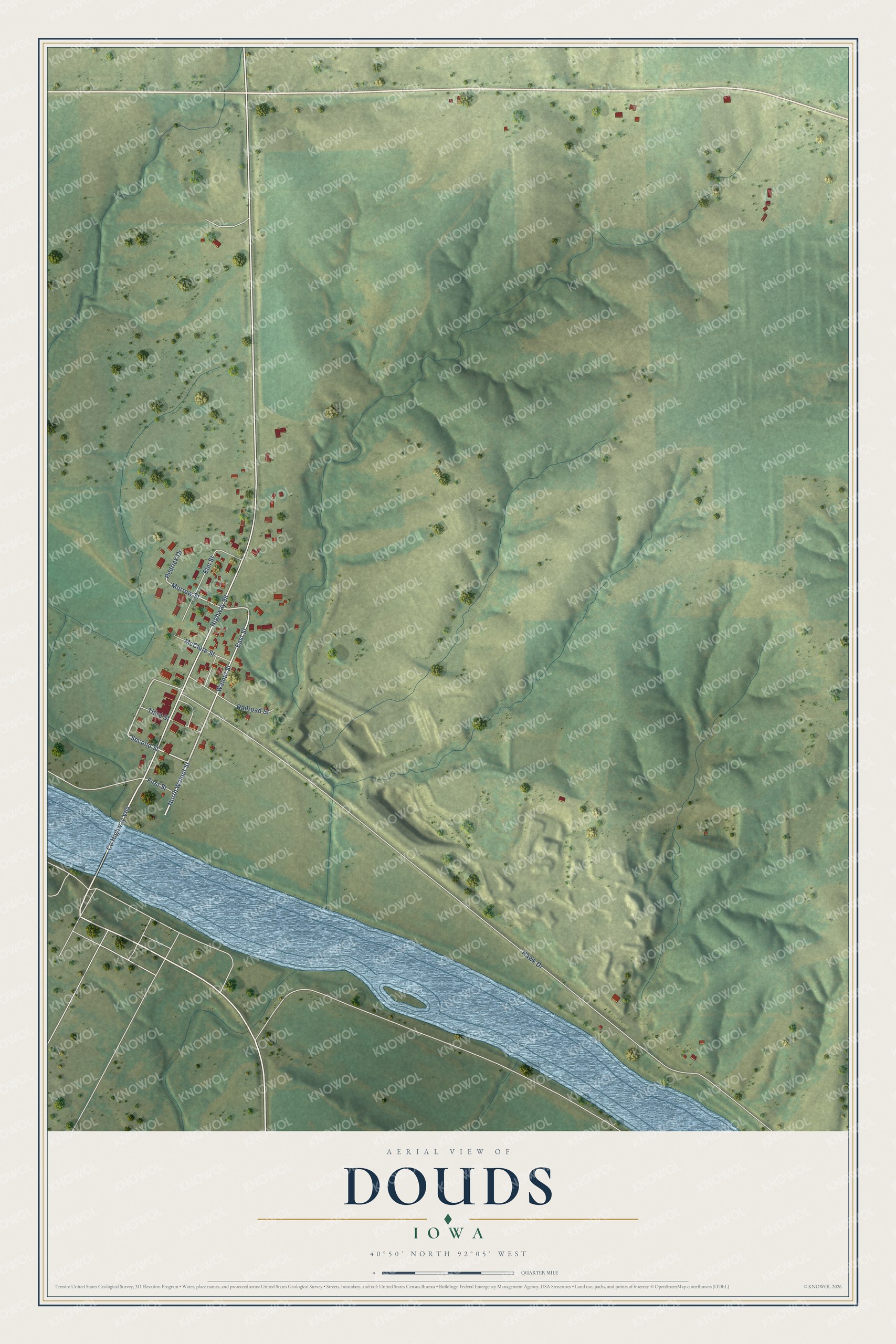 Full map of Douds, Iowa, with red buildings, printed street names and the land around them