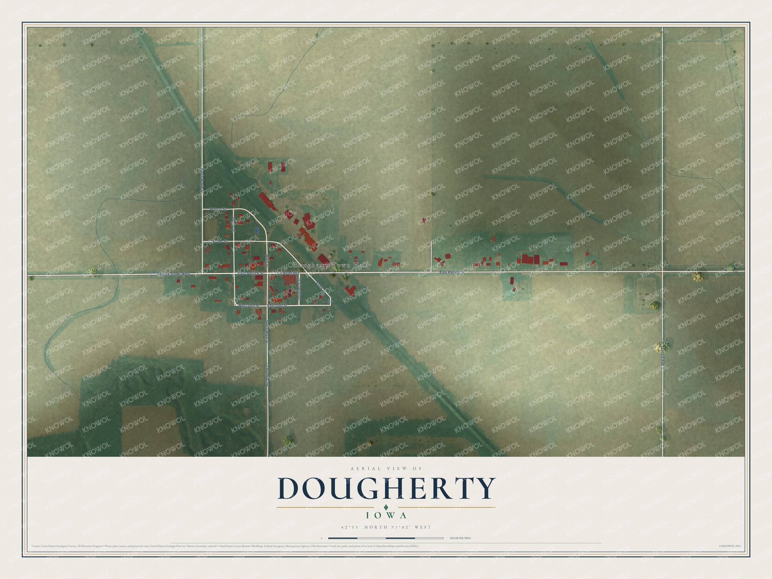 Full map of Dougherty, Iowa, with red buildings, printed street names and the land around them