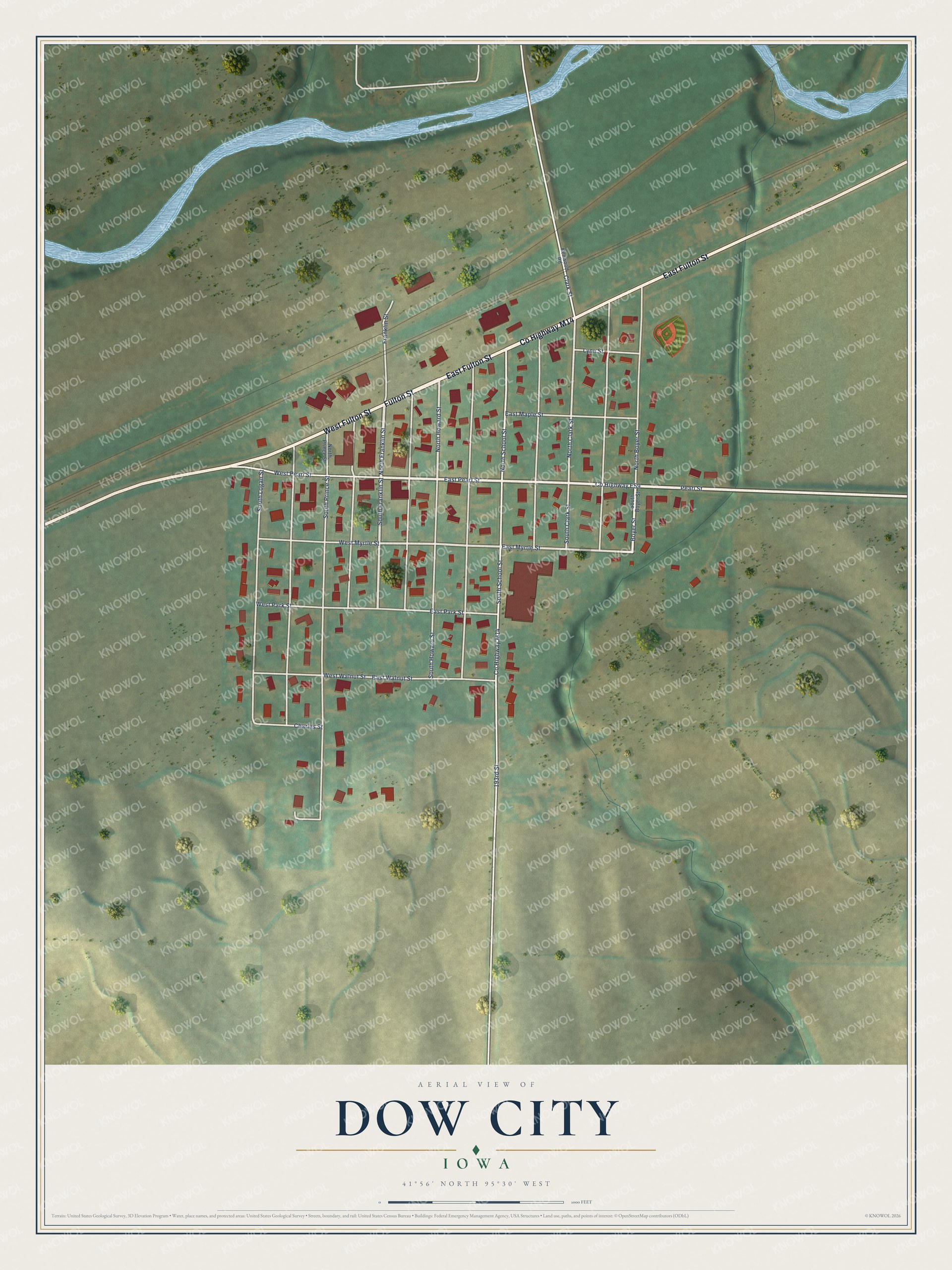 Full map of Dow City, Iowa, with red buildings, printed street names and the land around them