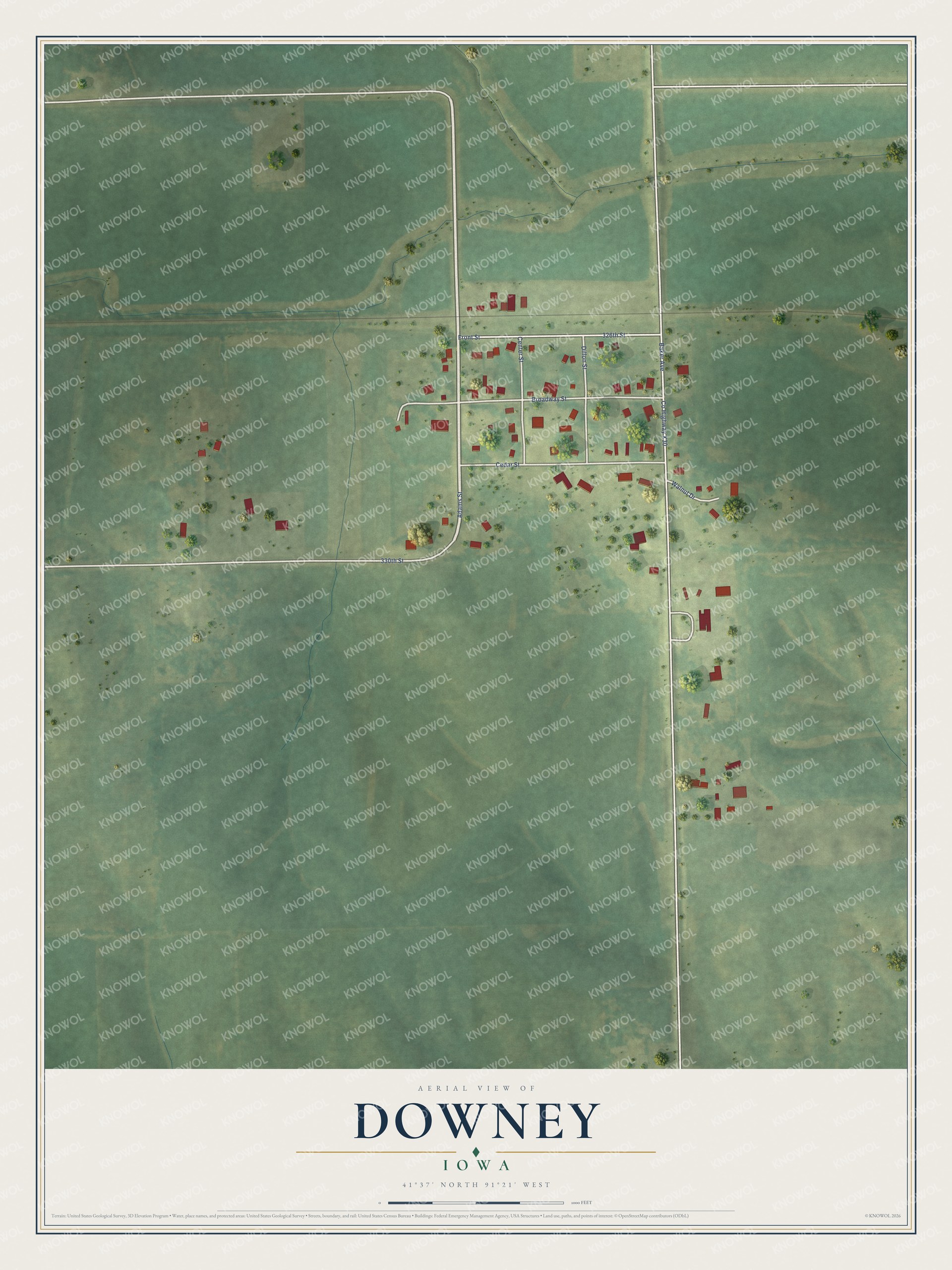 Full map of Downey, Iowa, with red buildings, printed street names and the land around them