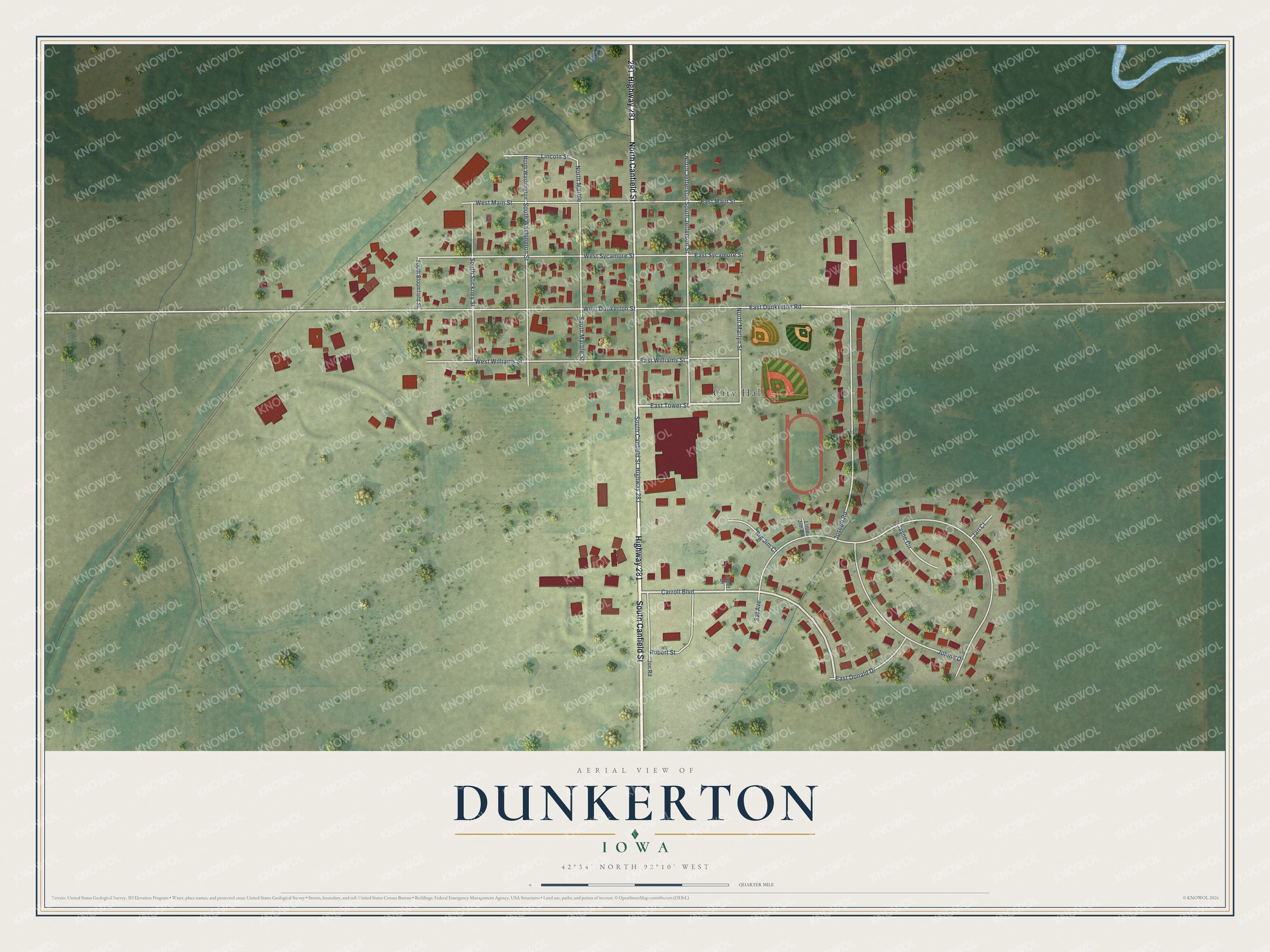 Full map of Dunkerton, Iowa, with red buildings, printed street names and the land around them