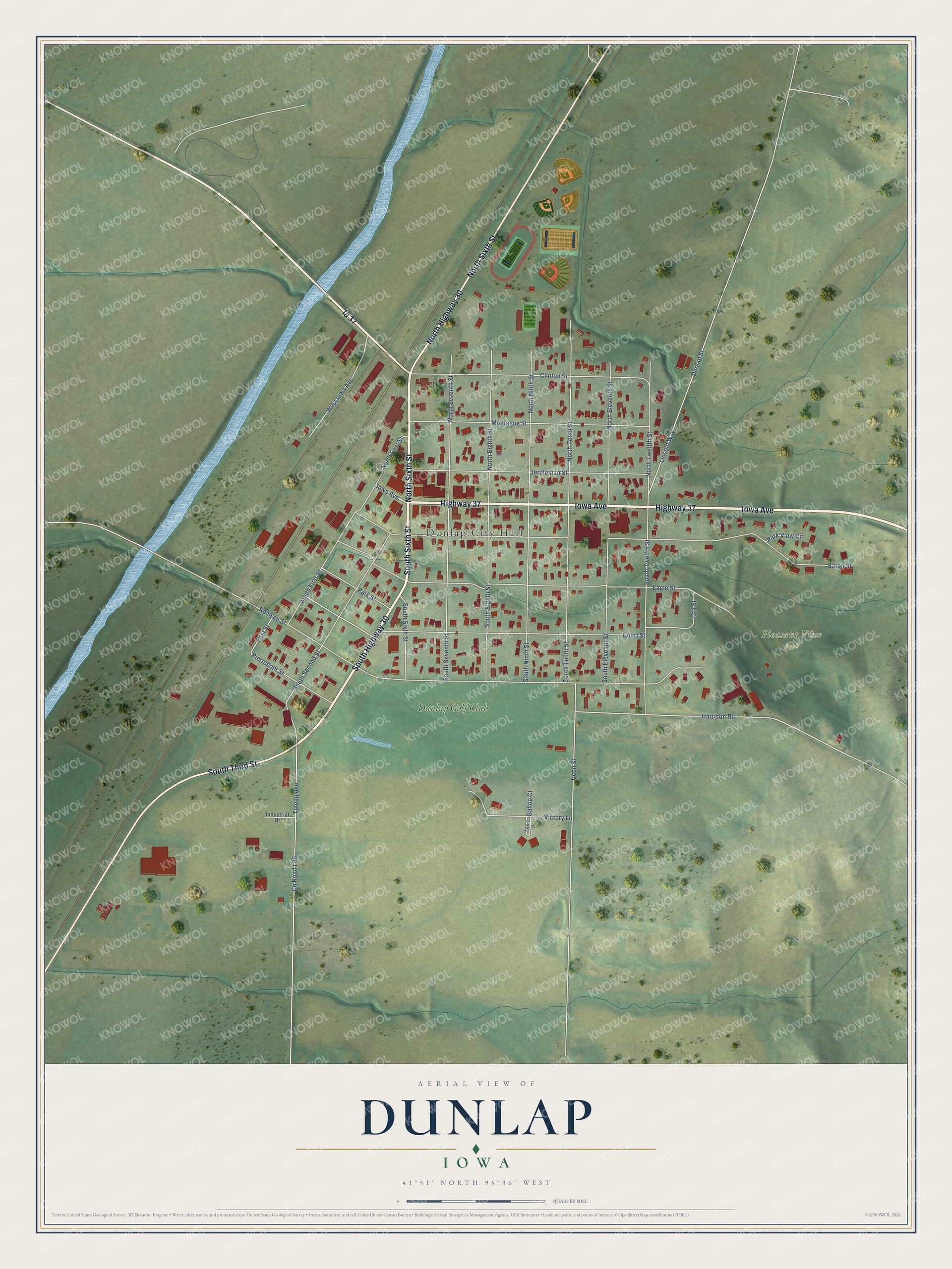 Full map of Dunlap, Iowa, with red buildings, printed street names and the land around them