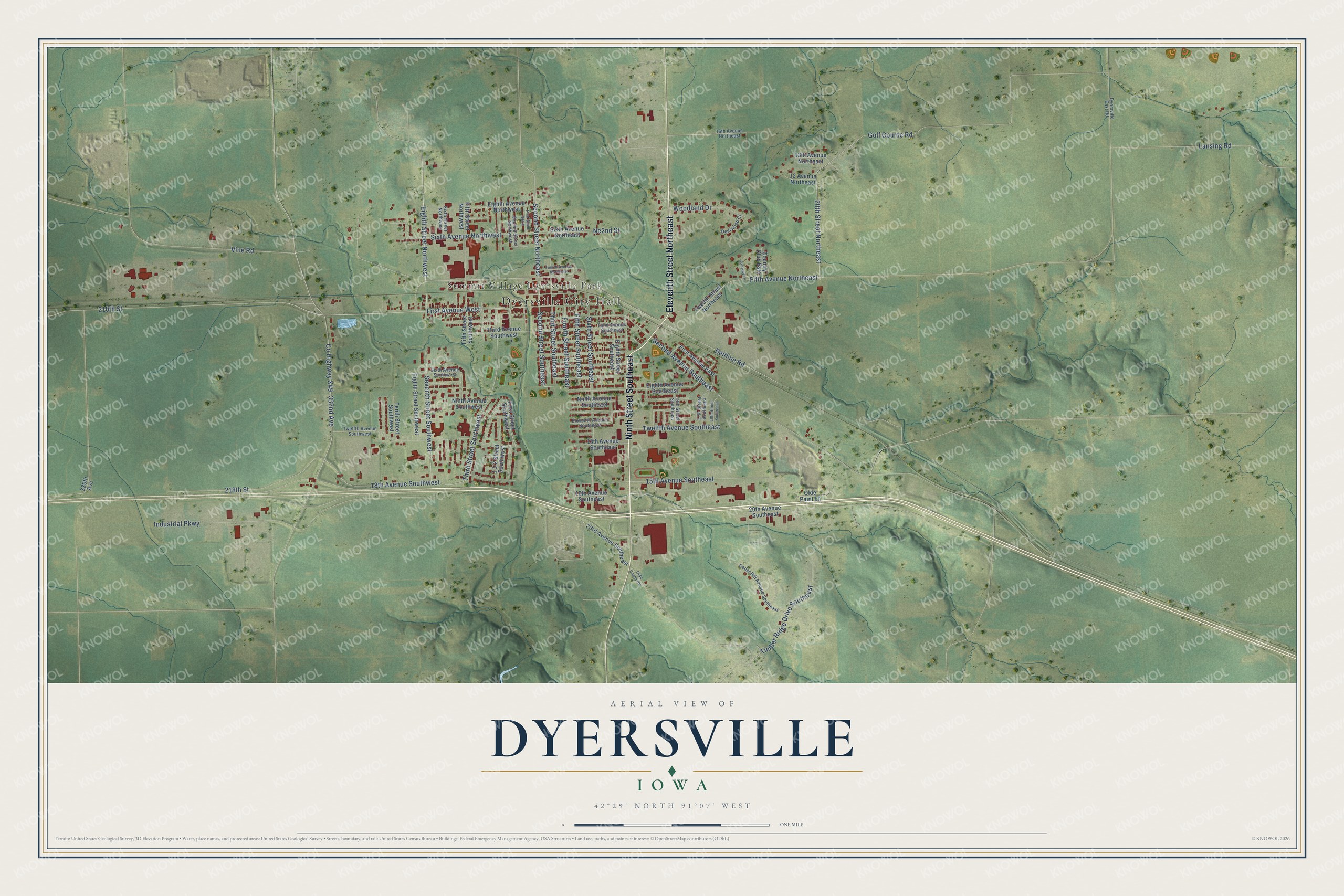 Full map of Dyersville, Iowa, with red buildings, printed street names and the land around them