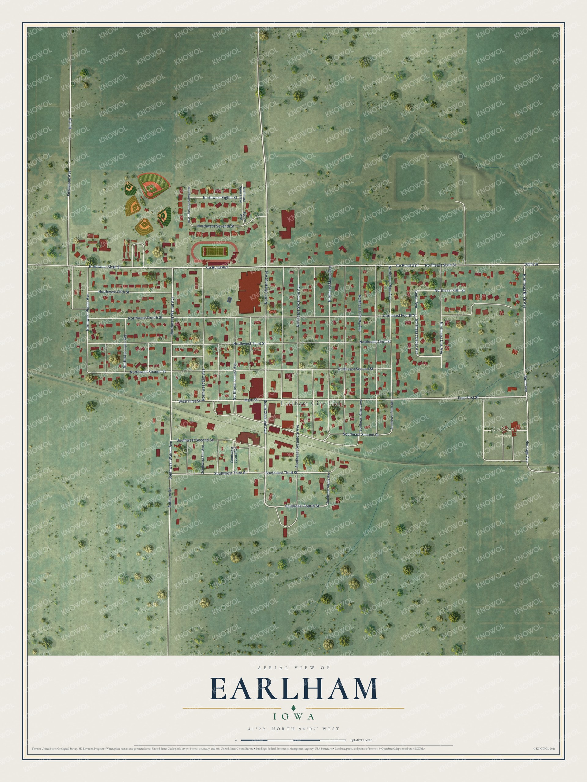 Full map of Earlham, Iowa, with red buildings, printed street names and the land around them