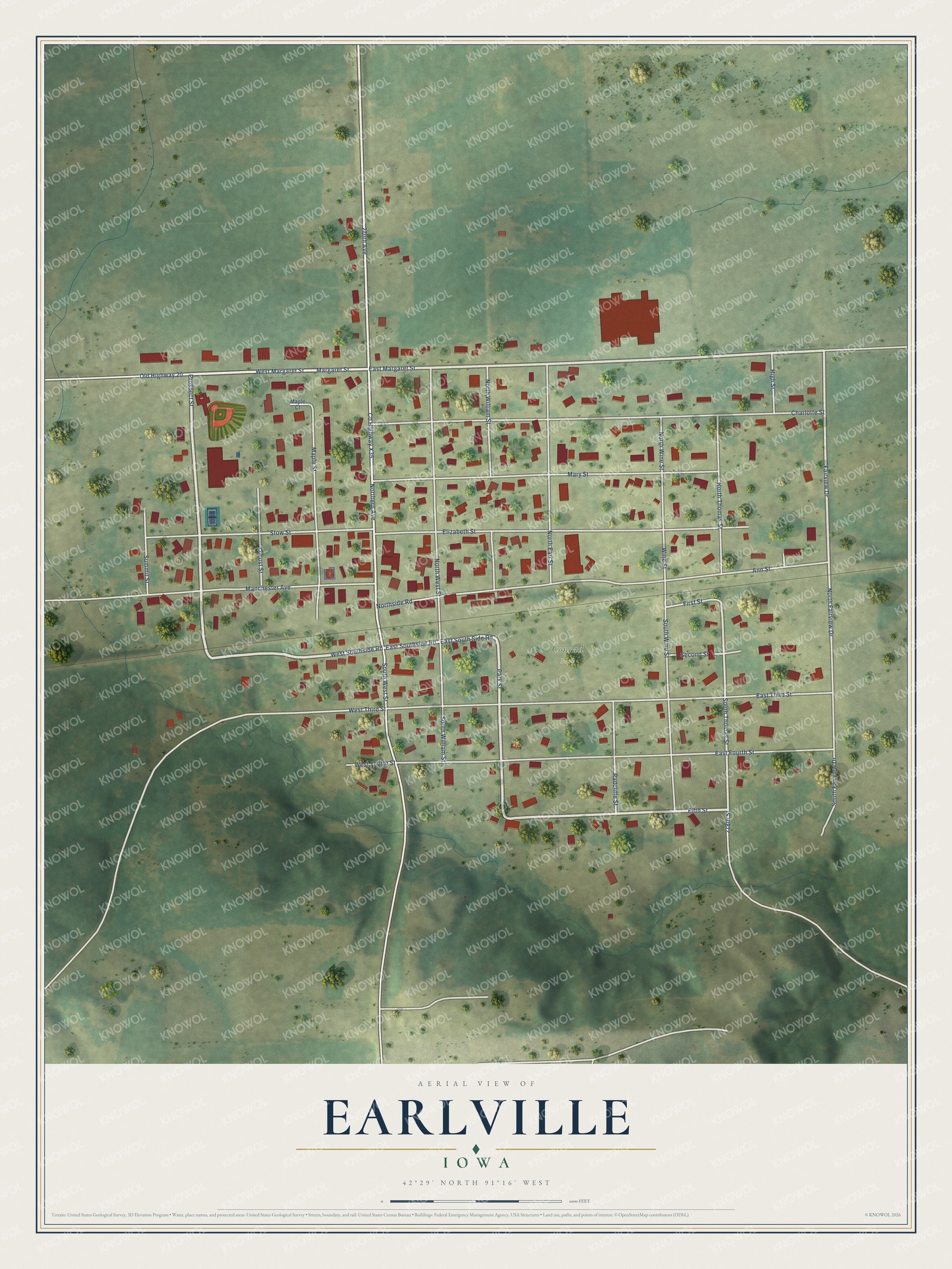 Full map of Earlville, Iowa, with red buildings, printed street names and the land around them