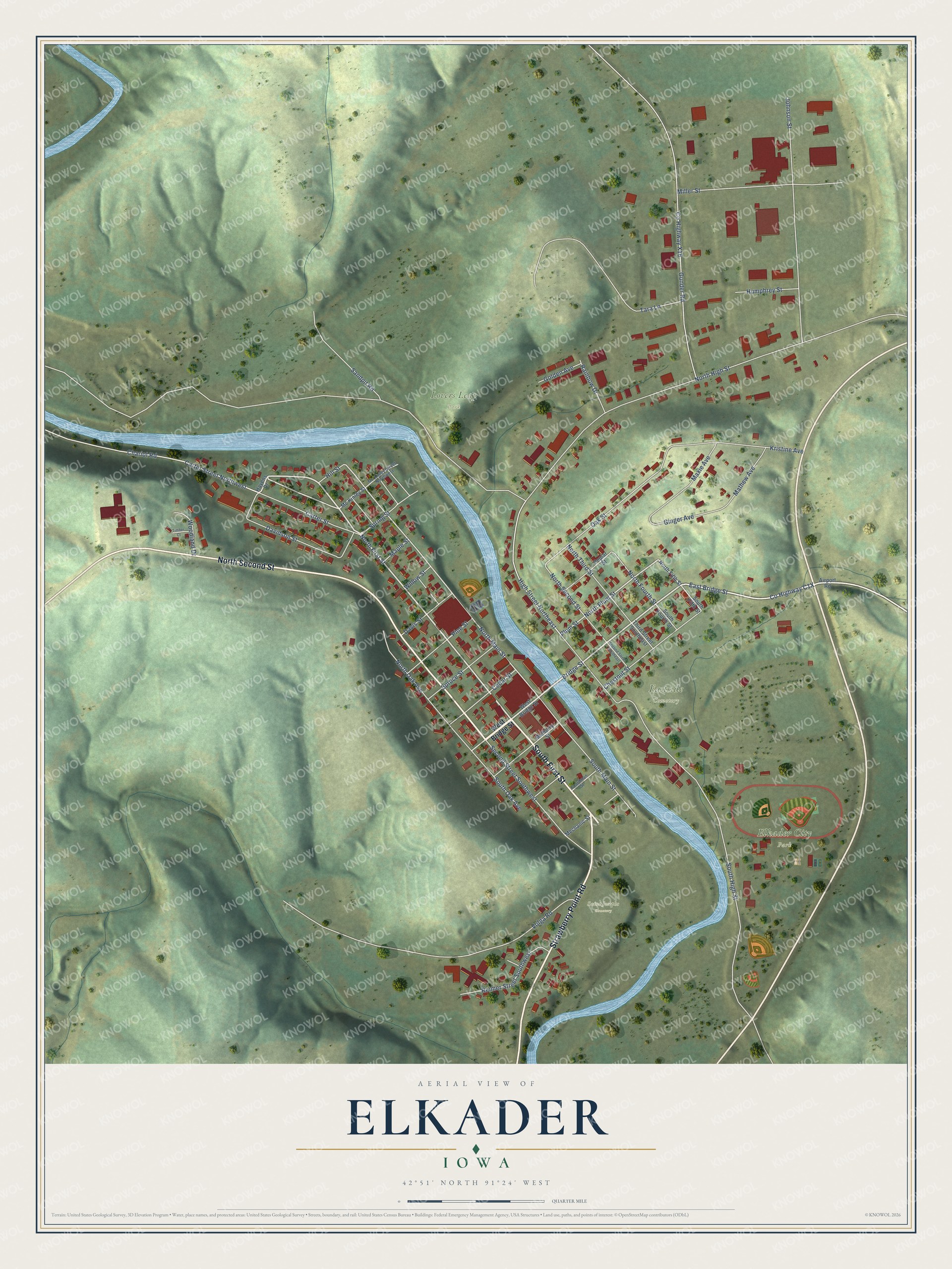 Full map of Elkader, Iowa, with red buildings, printed street names and the land around them
