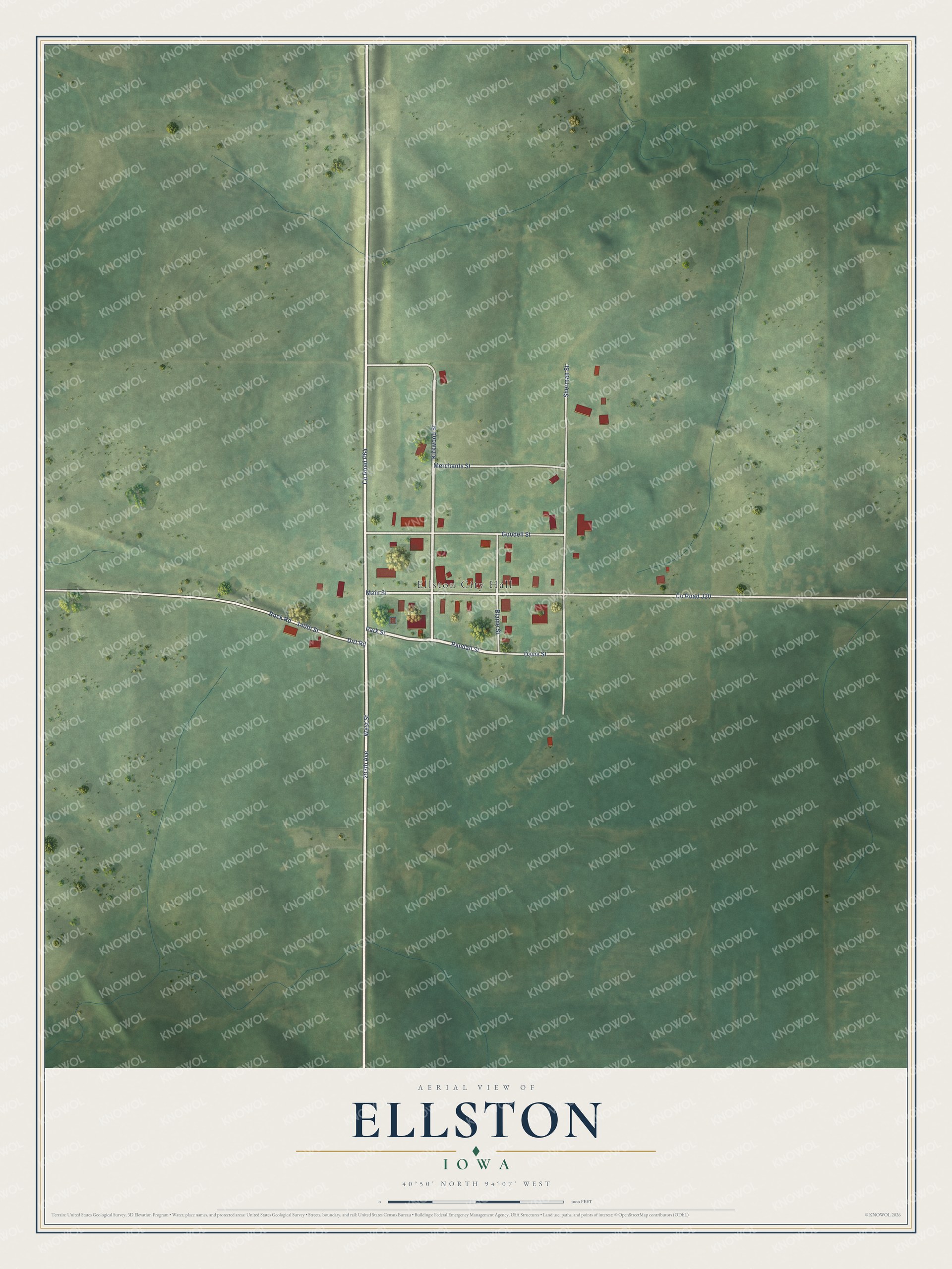 Full map of Ellston, Iowa, with red buildings, printed street names and the land around them