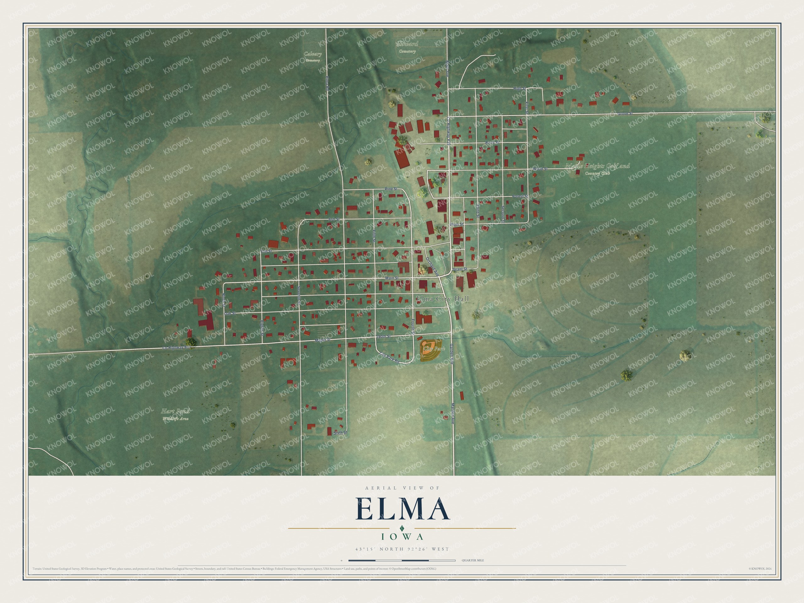 Full map of Elma, Iowa, with red buildings, printed street names and the land around them
